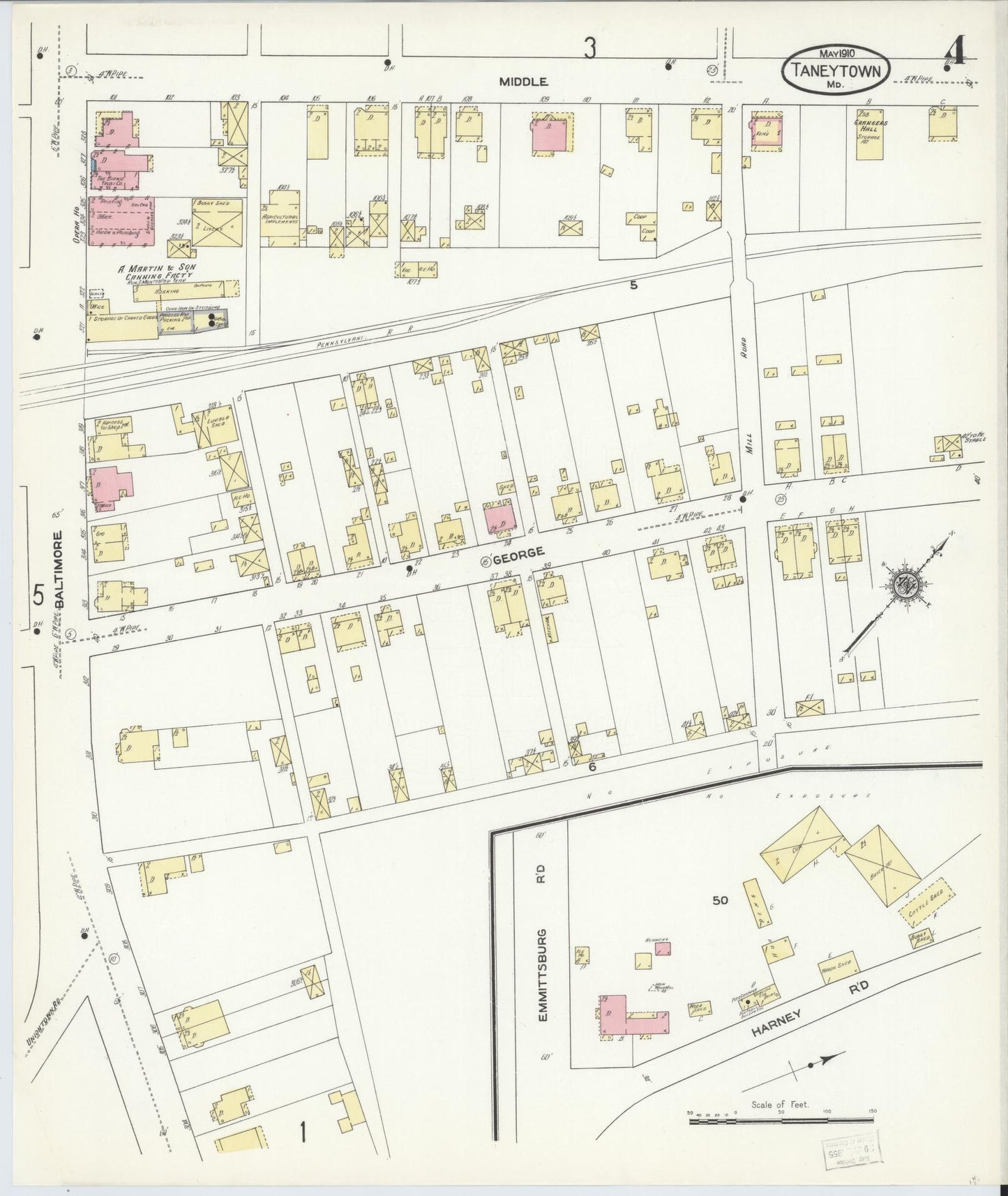 Sanborn Fire Insurance Map from Taneytown, Carroll County, Maryland (1910), Sheet #0004 - Historic Sanborn Fire Insurance Map Print, vintage old map wall art, antique decor, genealogy gift, Maryland Maryland map