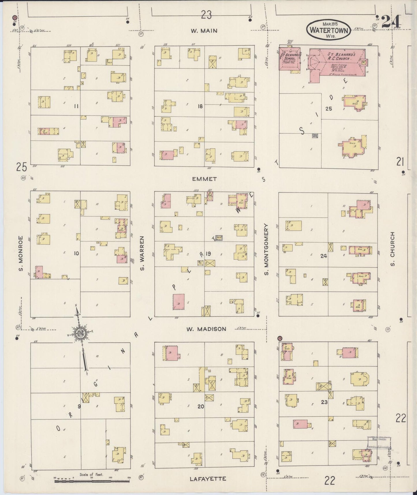 Sanborn Fire Insurance Map from Watertown, Jefferson County, Wisconsin (1915), Sheet #0025 - Historic Sanborn Fire Insurance Map Print, vintage old map wall art, antique decor, genealogy gift, Wisconsin Wisconsin map