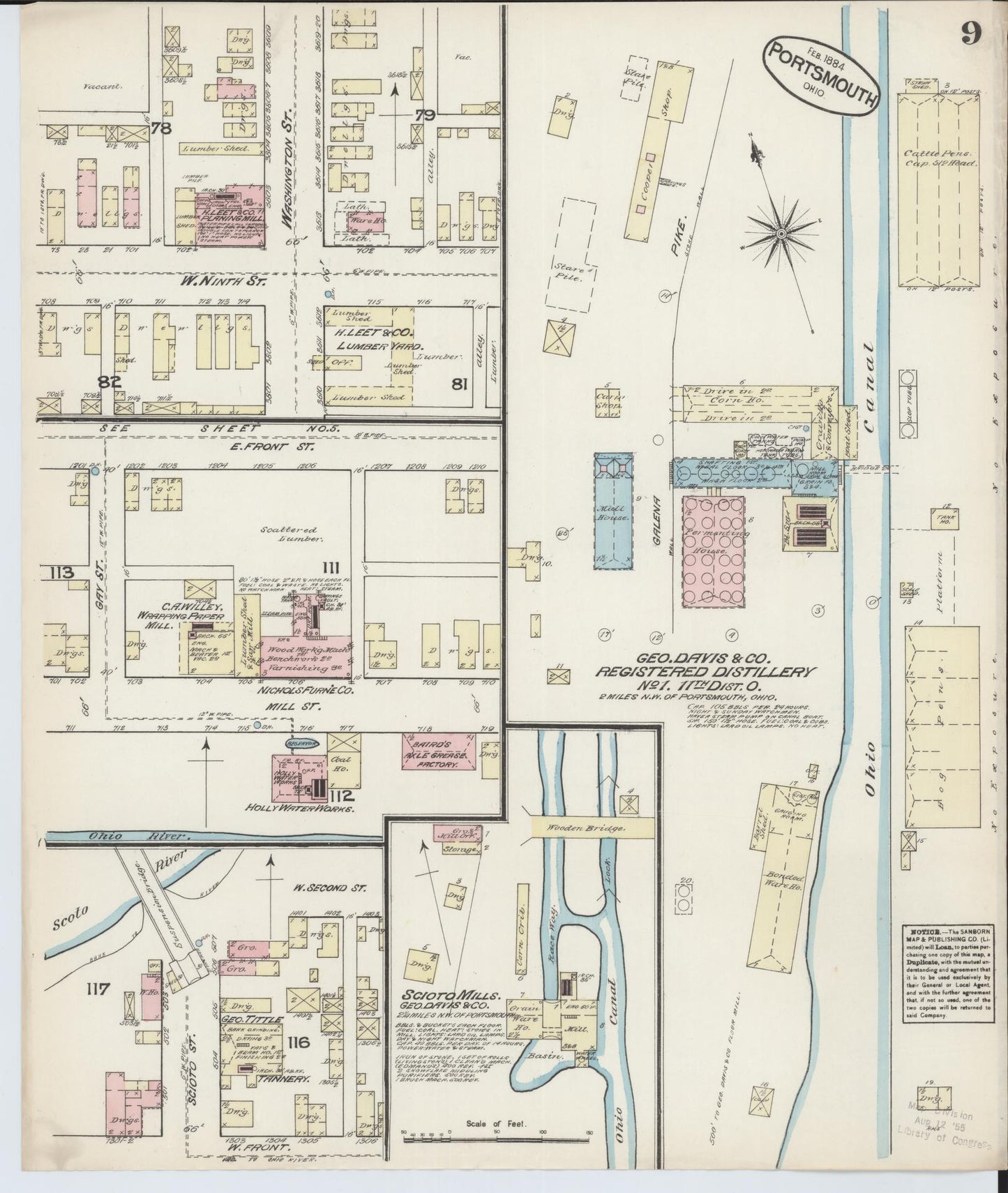 Sanborn Fire Insurance Map from Portsmouth, Scioto County, Ohio (1884), Sheet #0009 - Historic Sanborn Fire Insurance Map Print, vintage old map wall art, antique decor, genealogy gift, Ohio Ohio map