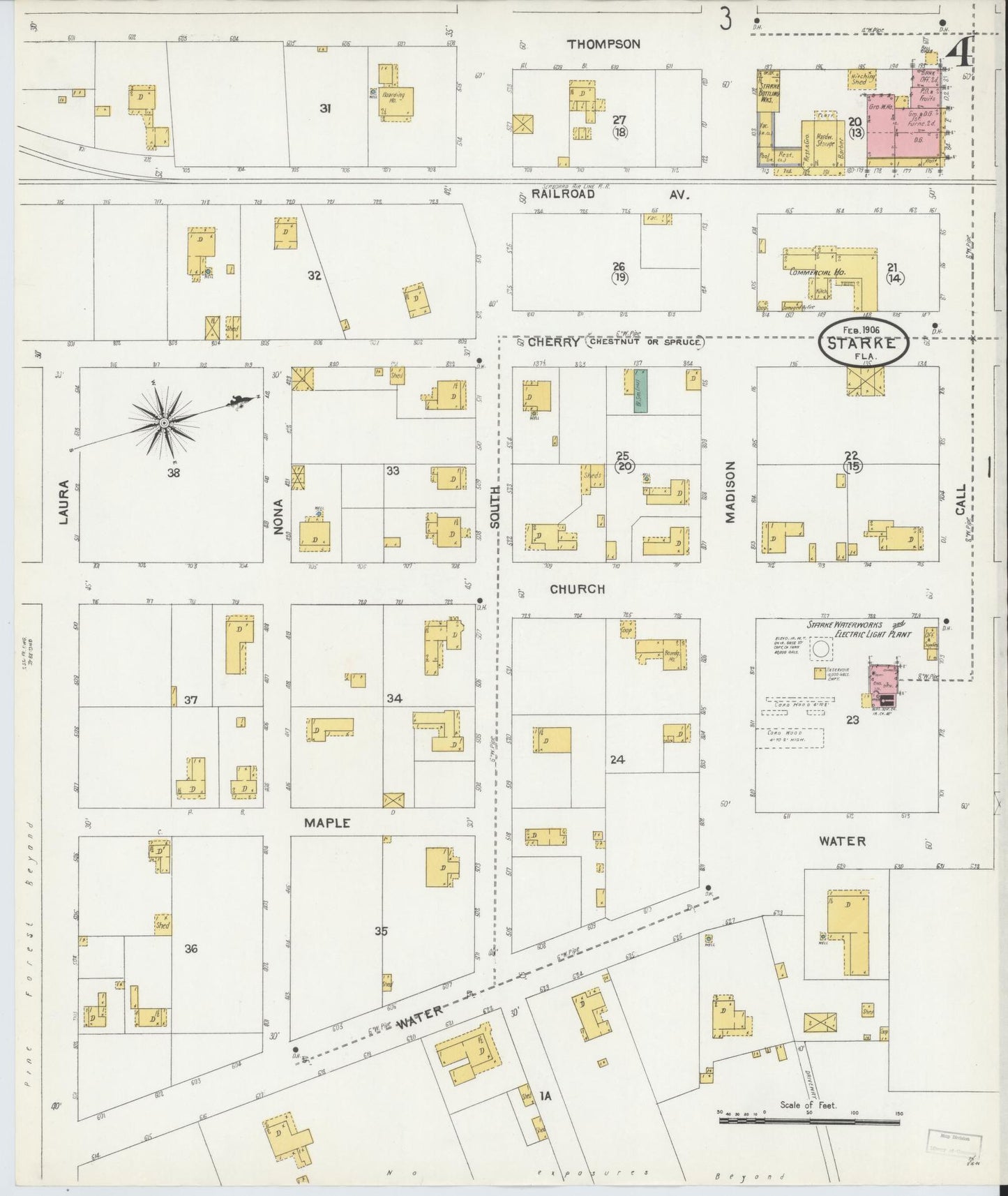 Sanborn Fire Insurance Map from Starke, Bradford County, Florida (1906), Sheet #0004 - Complete Map Set gallery image, historic Sanborn map, vintage wall art, Florida Florida