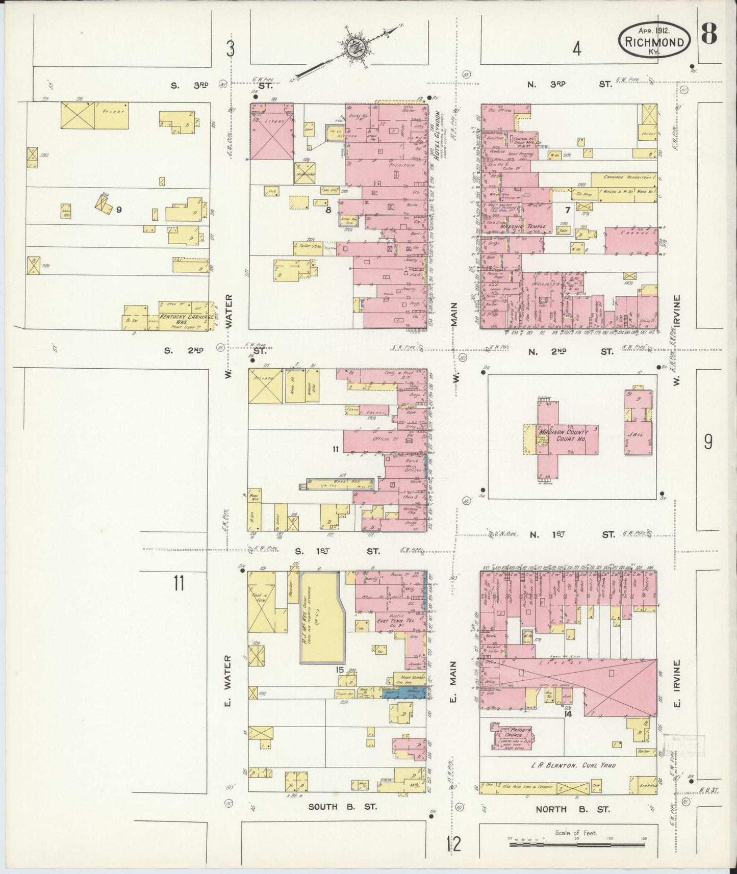Sanborn Fire Insurance Map from Richmond, Madison County, Kentucky (1912), Sheet #0008 - Historic Sanborn Fire Insurance Map Print, vintage old map wall art, antique decor, genealogy gift, Kentucky Kentucky map