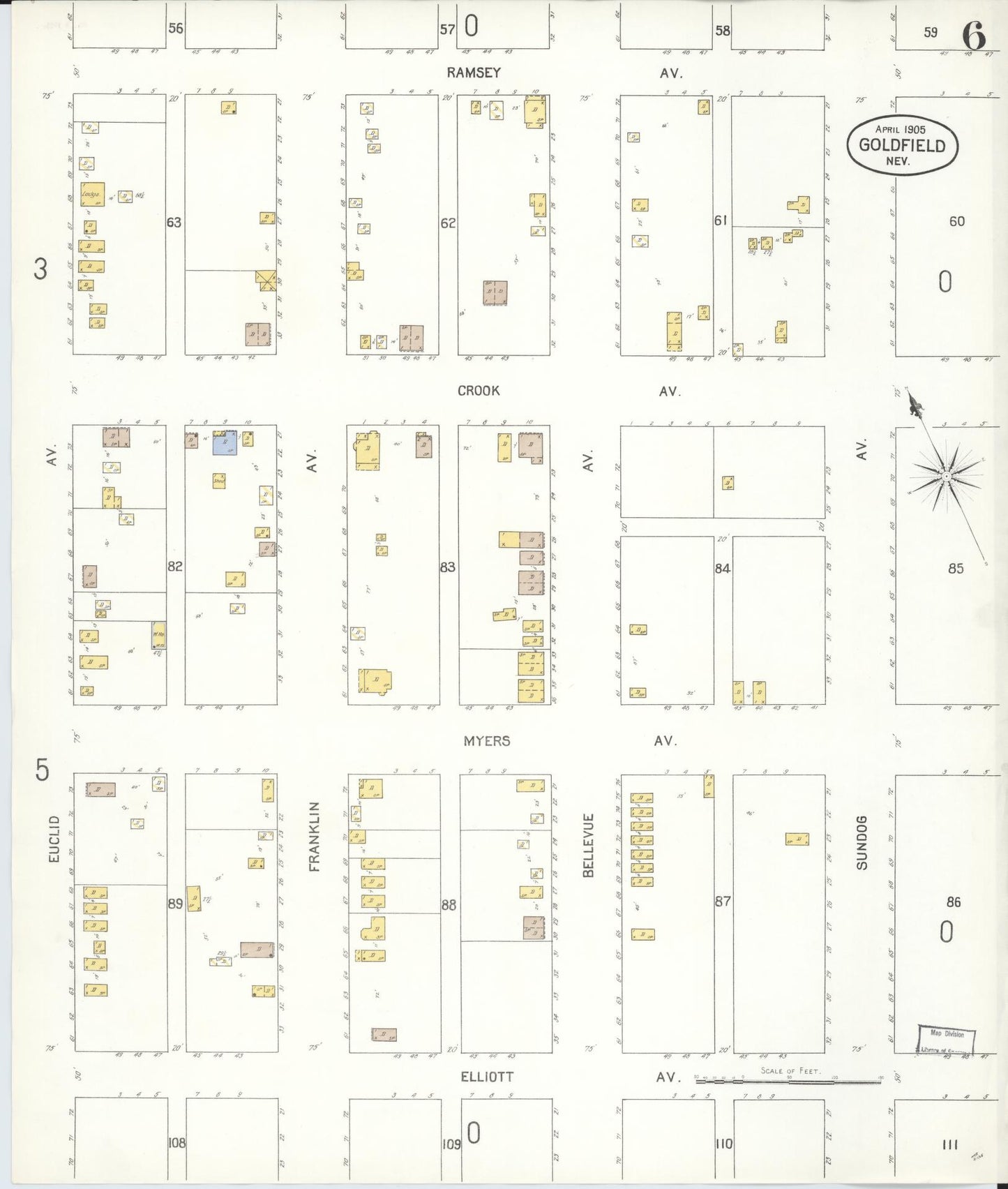 Sanborn Fire Insurance Map from Goldfield, Esmeralda County, Nevada (1905), Sheet #0006 - Complete Map Set gallery image, historic Sanborn map, vintage wall art, Nevada Nevada