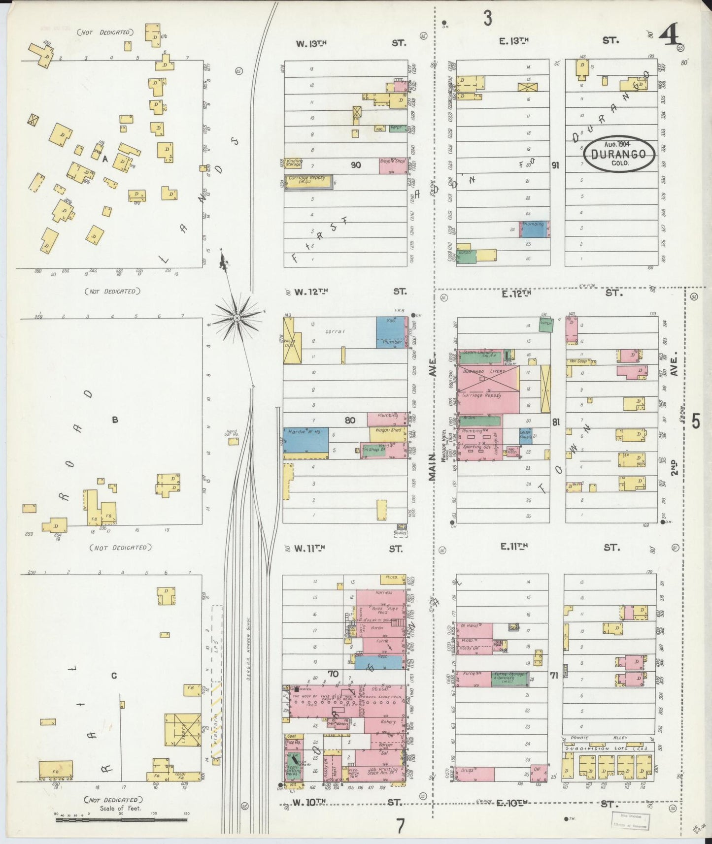 Sanborn Fire Insurance Map from Durango, La Plata County, Colorado (1904), Sheet #0004 - Historic Sanborn Fire Insurance Map Print, vintage old map wall art, antique decor, genealogy gift, Colorado Colorado map