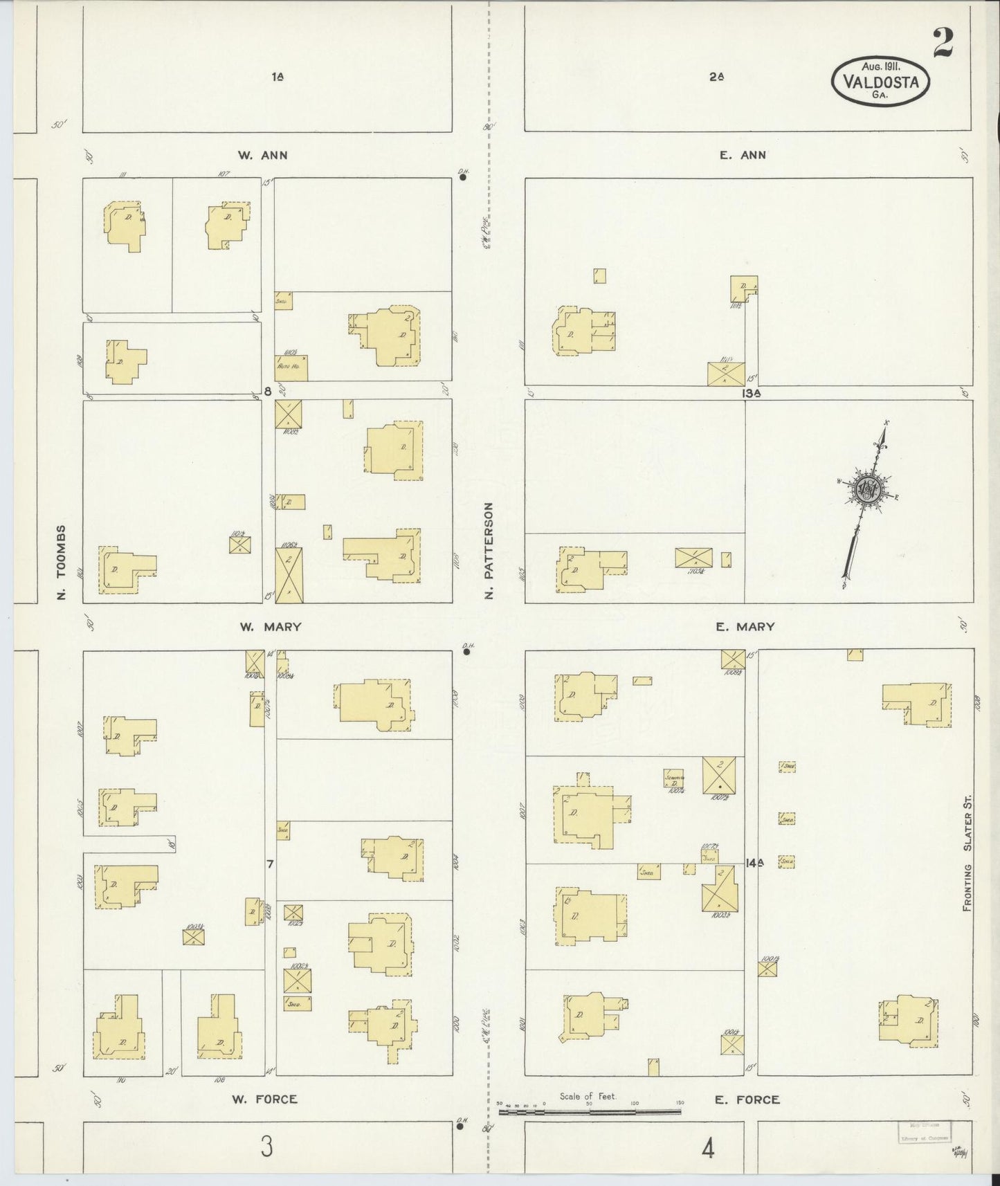 Sanborn Fire Insurance Map from Valdosta, Lowndes County, Georgia (1911), Sheet #0002 - Historic Sanborn Fire Insurance Map Print, vintage old map wall art, antique decor, genealogy gift, Georgia Georgia map
