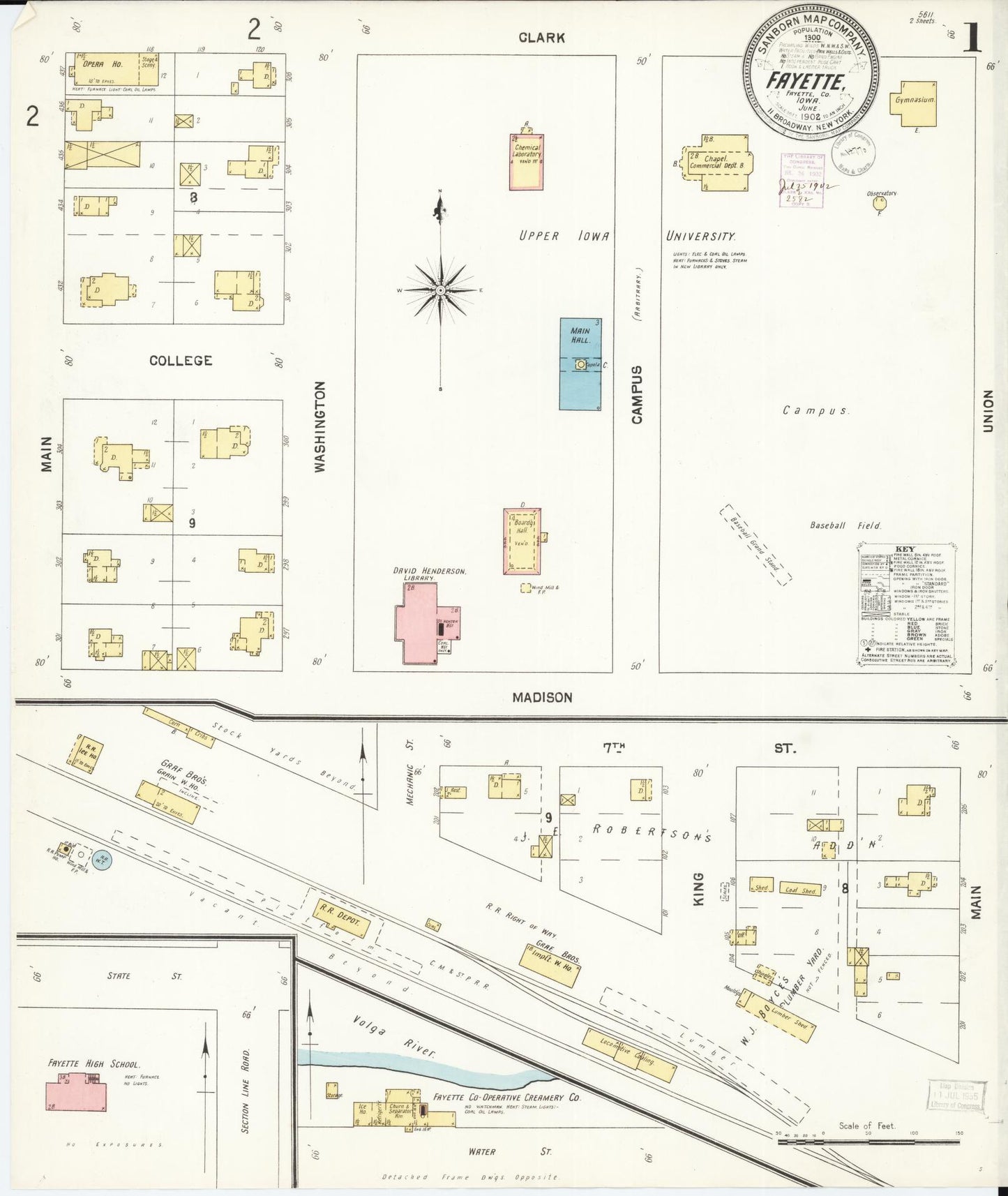 Sanborn Fire Insurance Map from Fayette, Fayette County, Iowa (1902), Sheet #0001 - Historic Sanborn Fire Insurance Map Print, vintage old map wall art