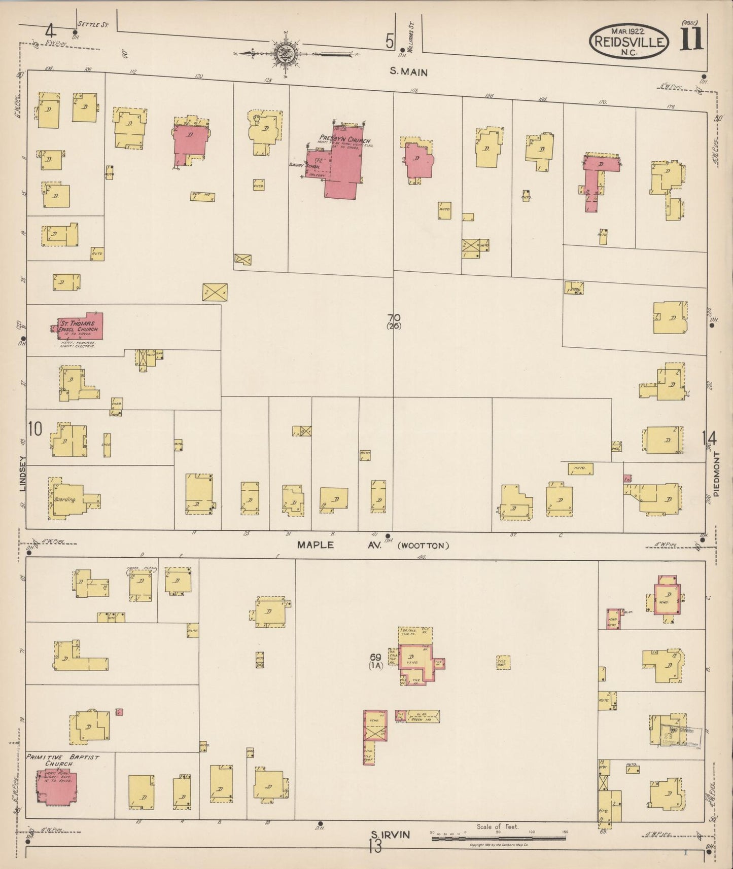Sanborn Fire Insurance Map from Reidsville, Rockingham County, North Carolina (1922), Sheet #0011 - Historic Sanborn Fire Insurance Map Print, vintage old map wall art, antique decor, genealogy gift, North Carolina North Carolina map
