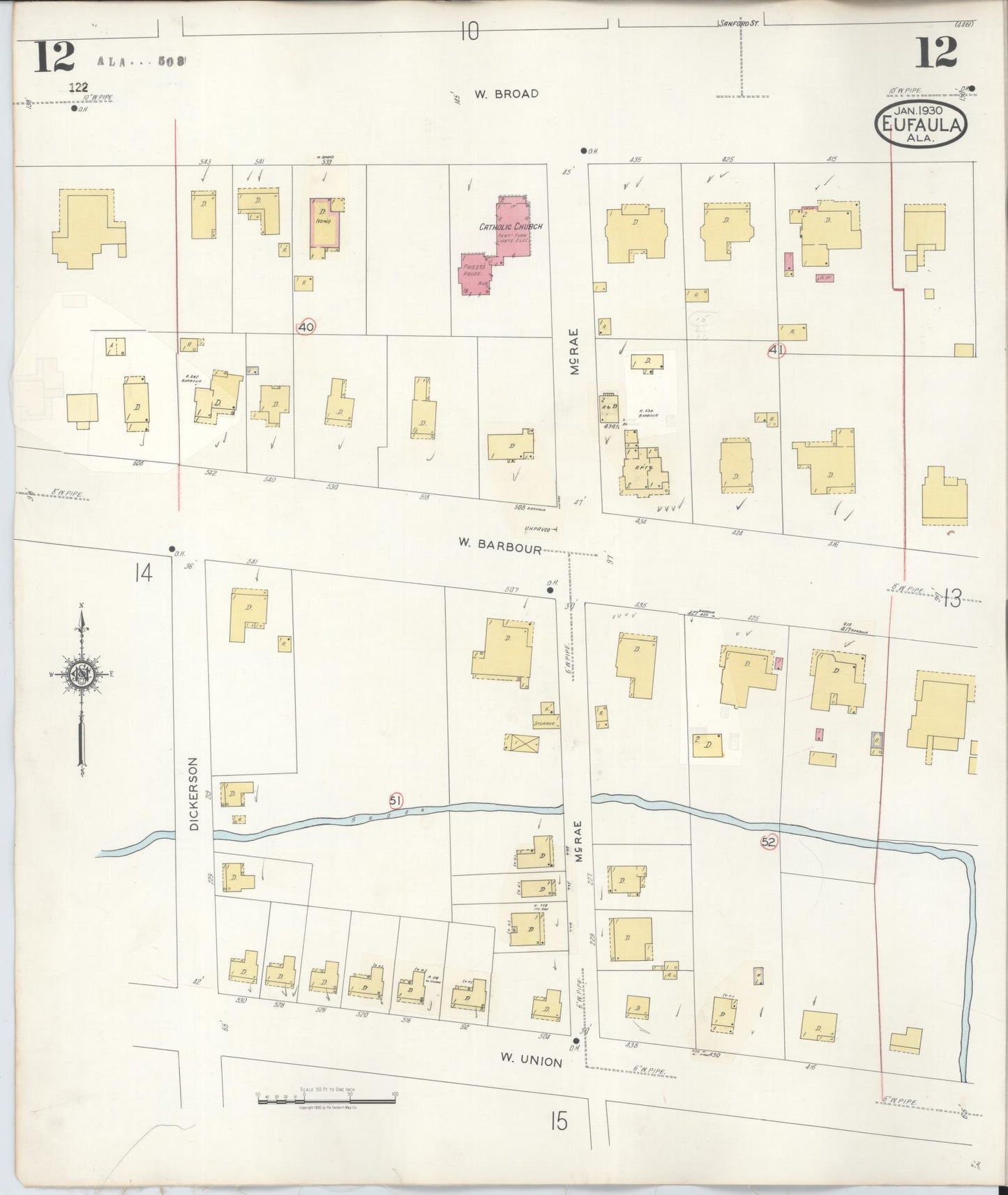 Sanborn Fire Insurance Map from Eufaula, Barbour County, Alabama (1950), Sheet #0012 - Historic Sanborn Fire Insurance Map Print, vintage old map wall art, antique decor, genealogy gift, Alabama Alabama map