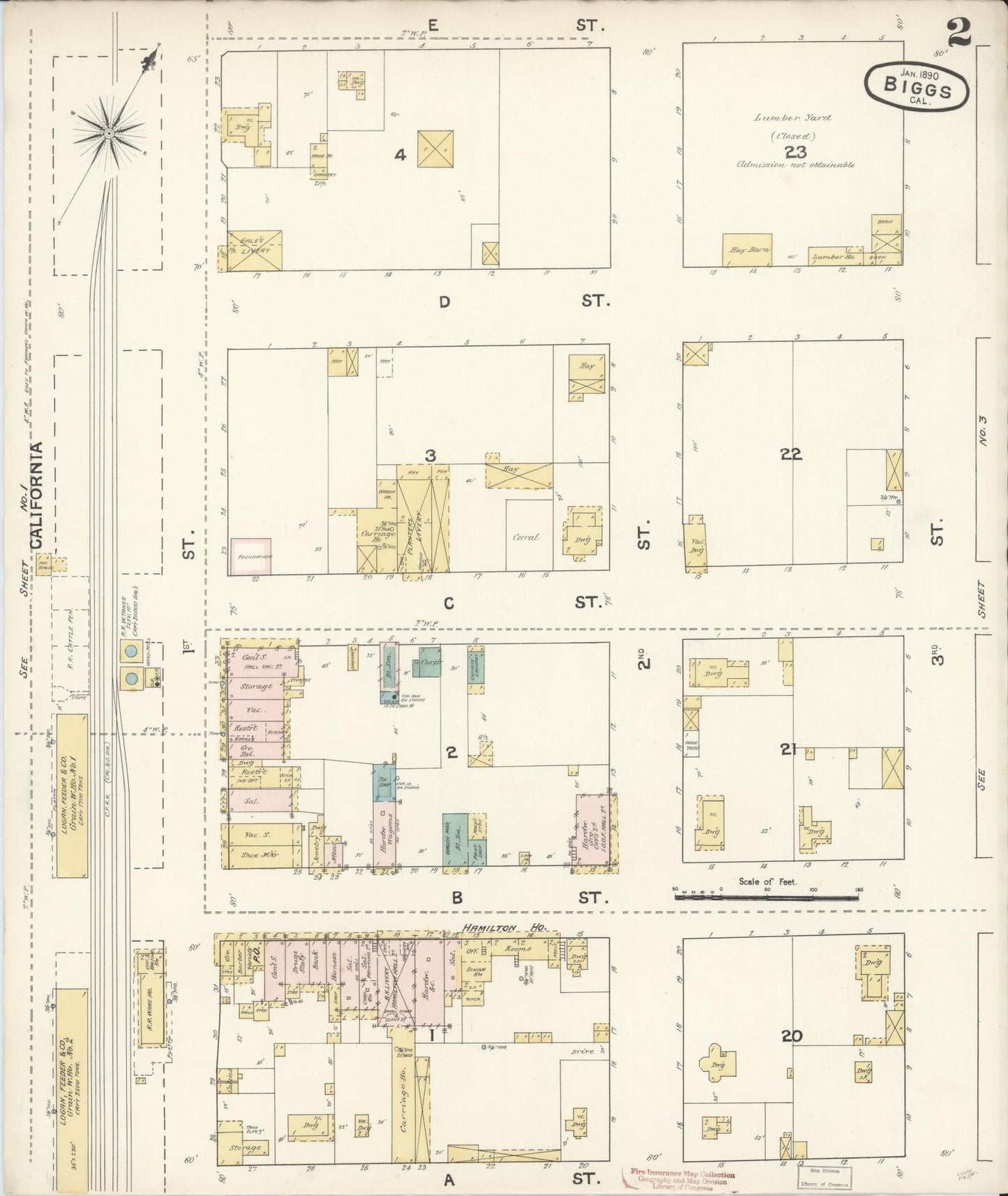 Sanborn Fire Insurance Map from Biggs, Butte County, California (1890), Sheet #0002 - Historic Sanborn Fire Insurance Map Print, vintage old map wall art, antique decor, genealogy gift, California California map