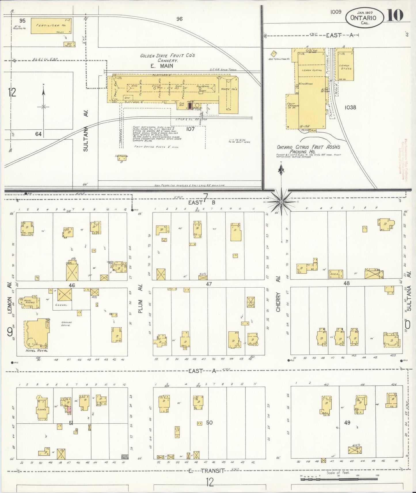 Sanborn Fire Insurance Map from Ontario, San Bernardino County, California (1907), Sheet #0010 - Historic Sanborn Fire Insurance Map Print, vintage old map wall art, antique decor, genealogy gift, California California map