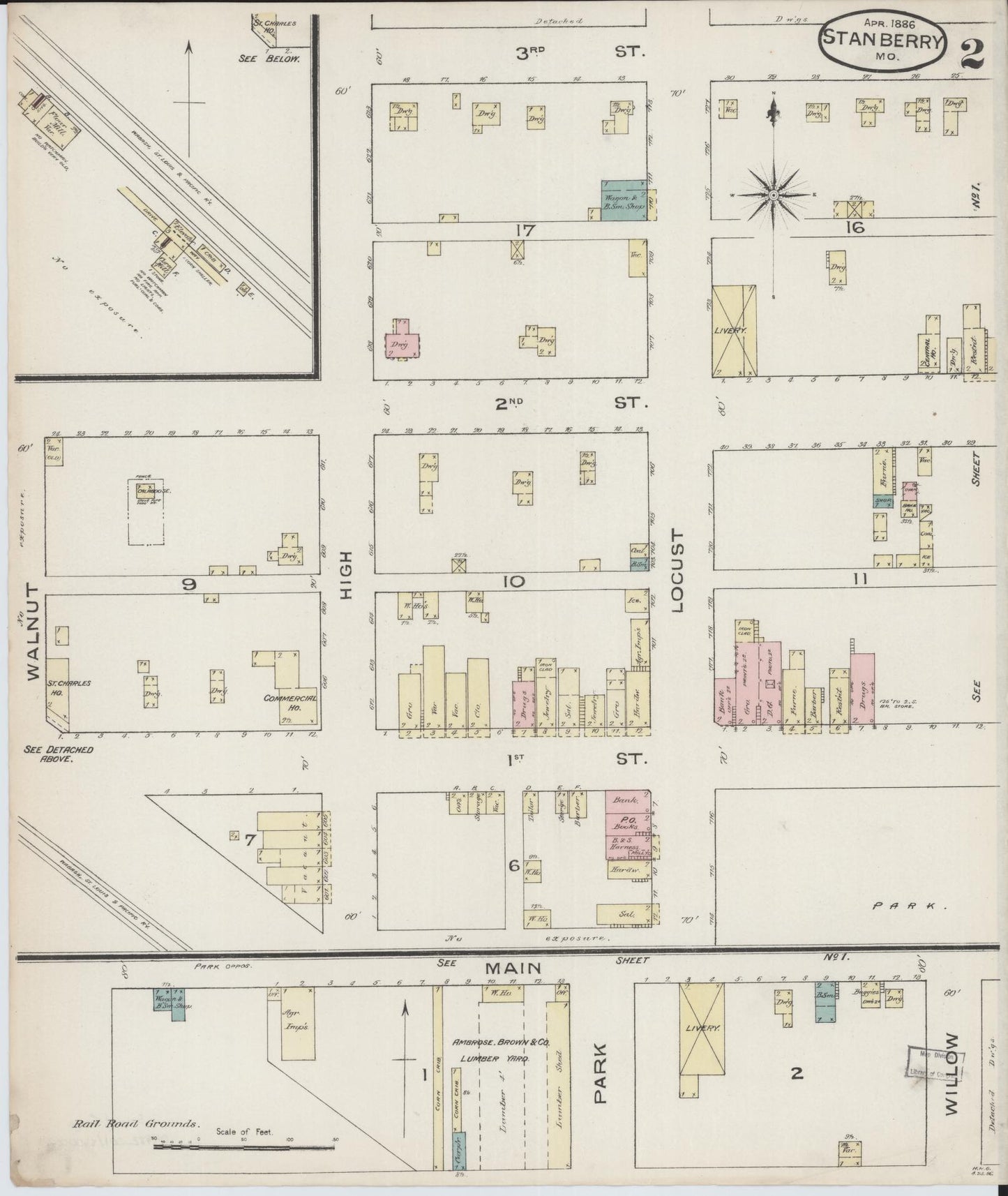 Sanborn Fire Insurance Map from Stanberry, Gentry County, Missouri (1886), Sheet #0002 - Historic Sanborn Fire Insurance Map Print, vintage old map wall art, antique decor, genealogy gift, Missouri Missouri map