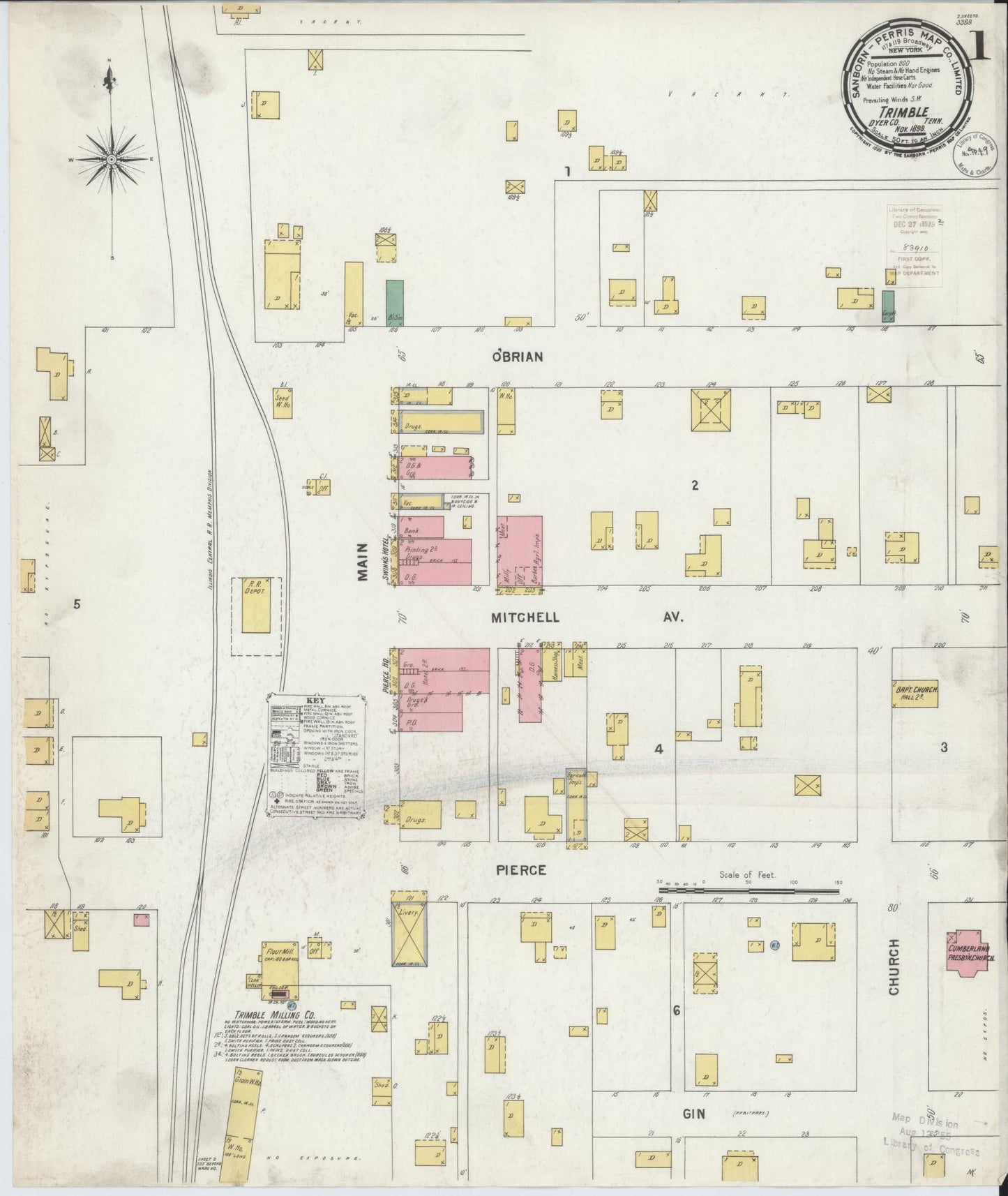 Sanborn Fire Insurance Map from Trimble, Dyer County, Tennessee (1899), Sheet #0001 - Historic Sanborn Fire Insurance Map Print, vintage old map wall art, antique decor, genealogy gift, Tennessee Tennessee map