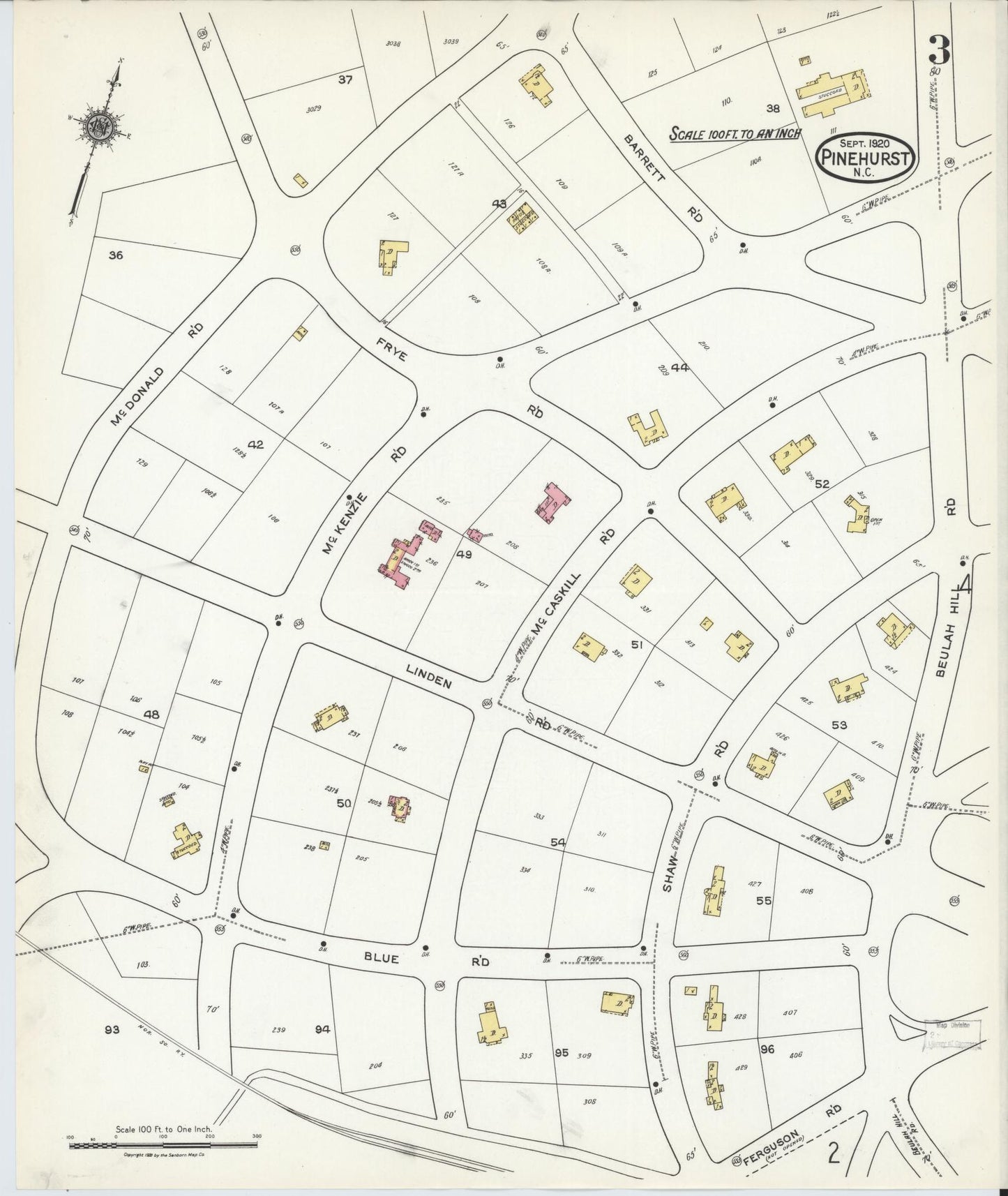 Sanborn Fire Insurance Map from Pinehurst, Moore County, North Carolina (1920), Sheet #0003 - Historic Sanborn Fire Insurance Map Print, vintage old map wall art, antique decor, genealogy gift, North Carolina North Carolina map