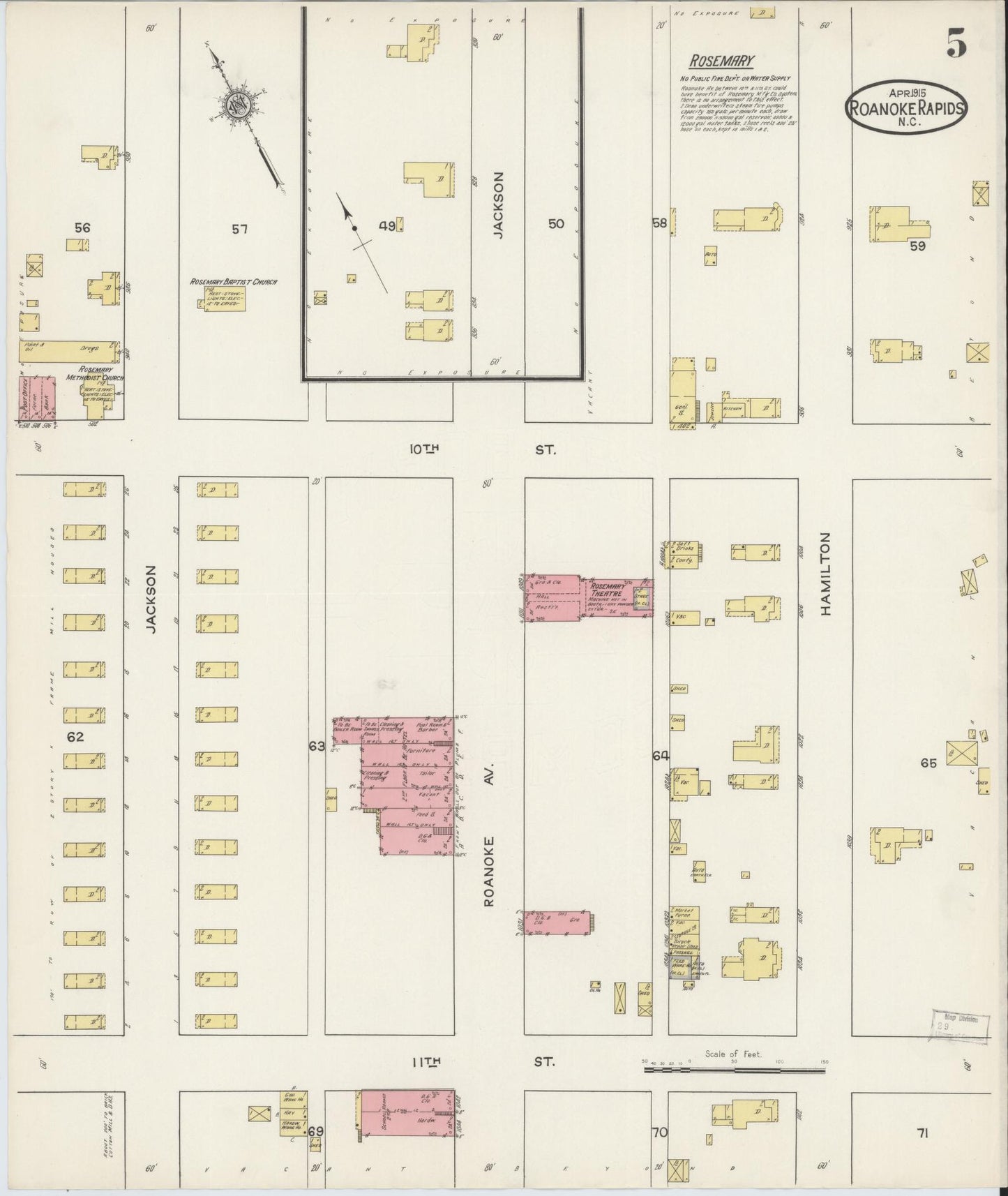 Sanborn Fire Insurance Map from Roanoke Rapids, Halifax County, North Carolina (1915), Sheet #0005 - Historic Sanborn Fire Insurance Map Print, vintage old map wall art, antique decor, genealogy gift, North Carolina North Carolina map
