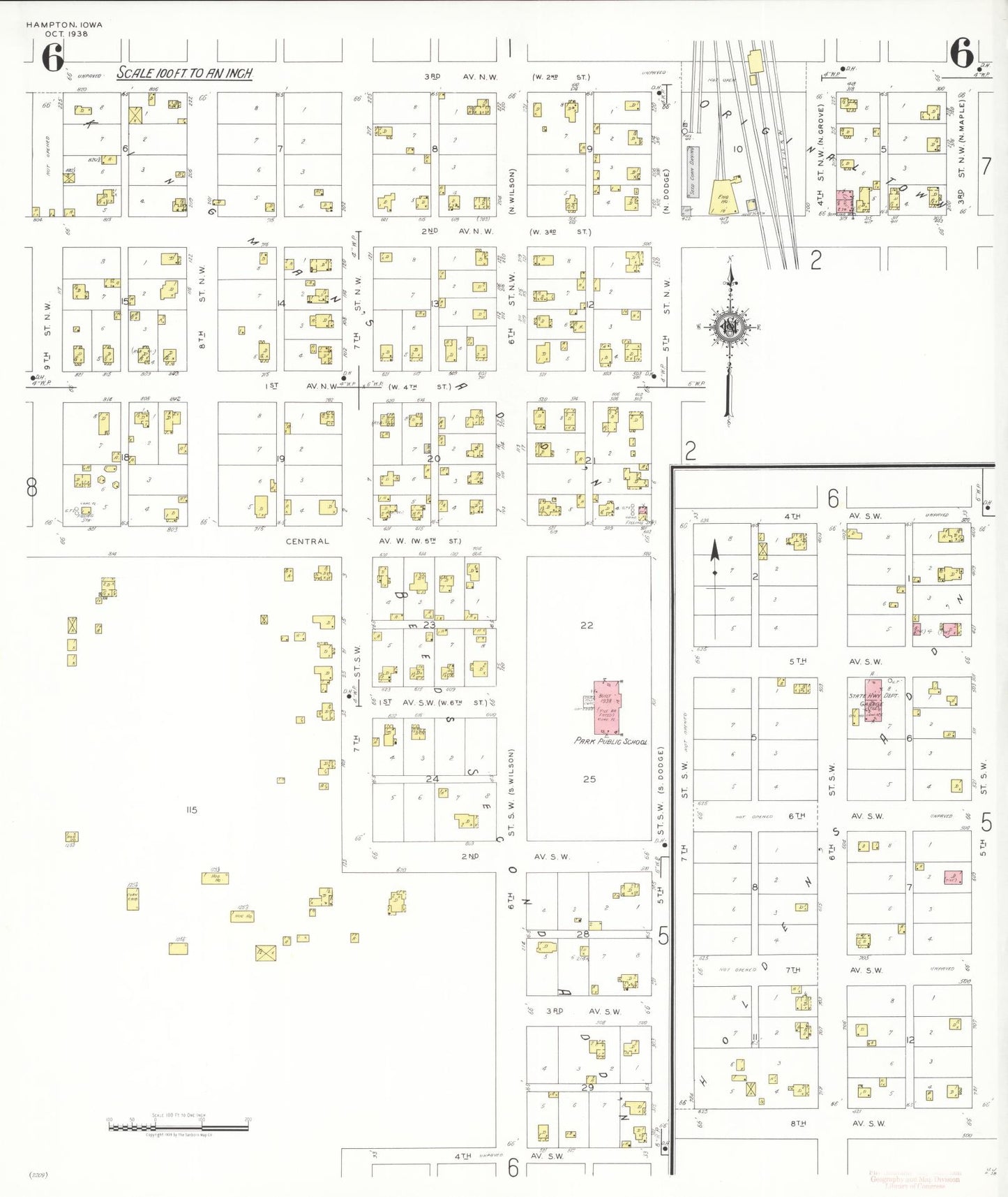 Sanborn Fire Insurance Map from Hampton, Franklin County, Iowa (1938), Sheet #0006 - Historic Sanborn Fire Insurance Map Print, vintage old map wall art