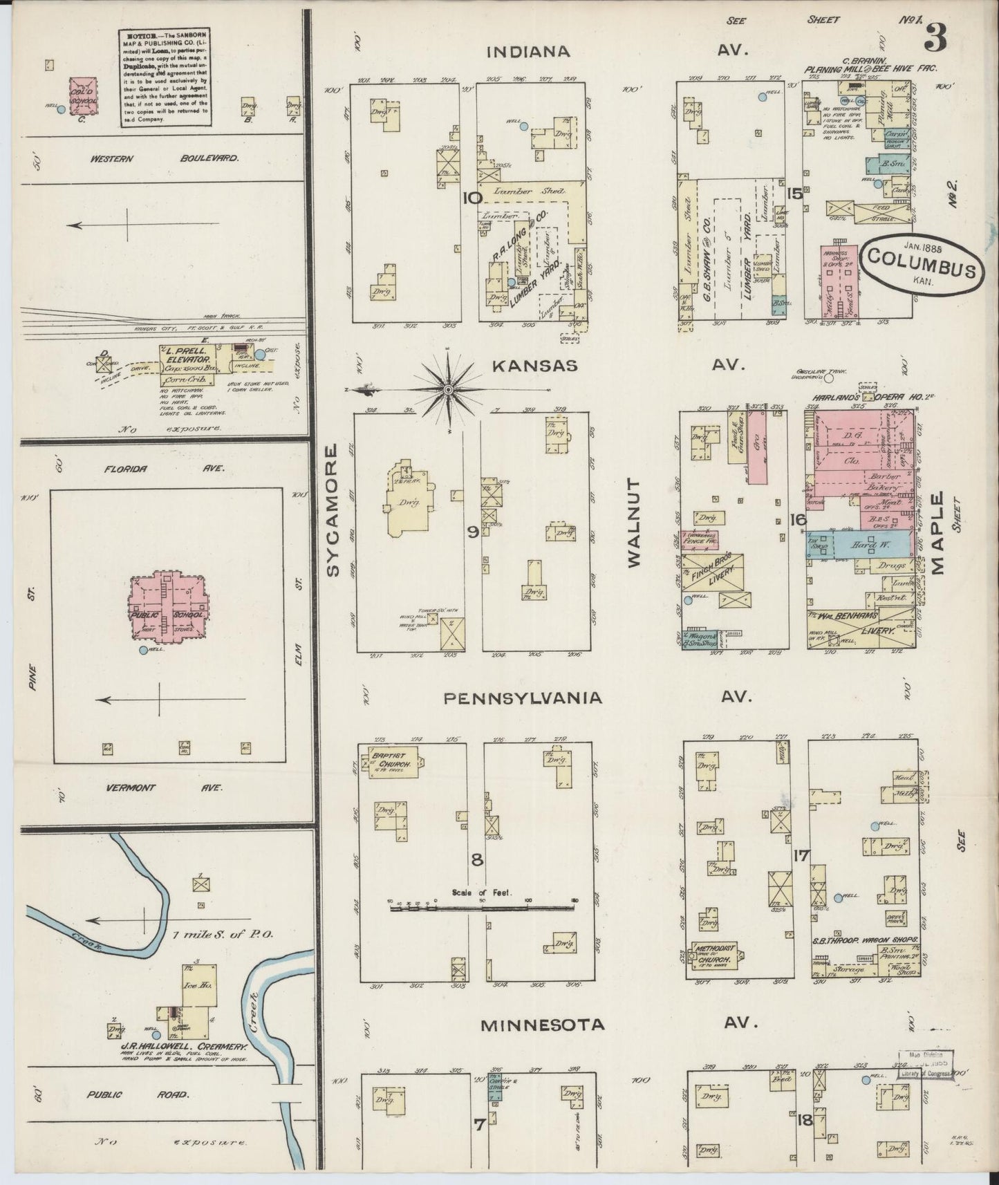 Sanborn Fire Insurance Map from Columbus, Cherokee County, Kansas (1885), Sheet #0003 - Historic Sanborn Fire Insurance Map Print, vintage old map wall art, antique decor, genealogy gift, Kansas Kansas map