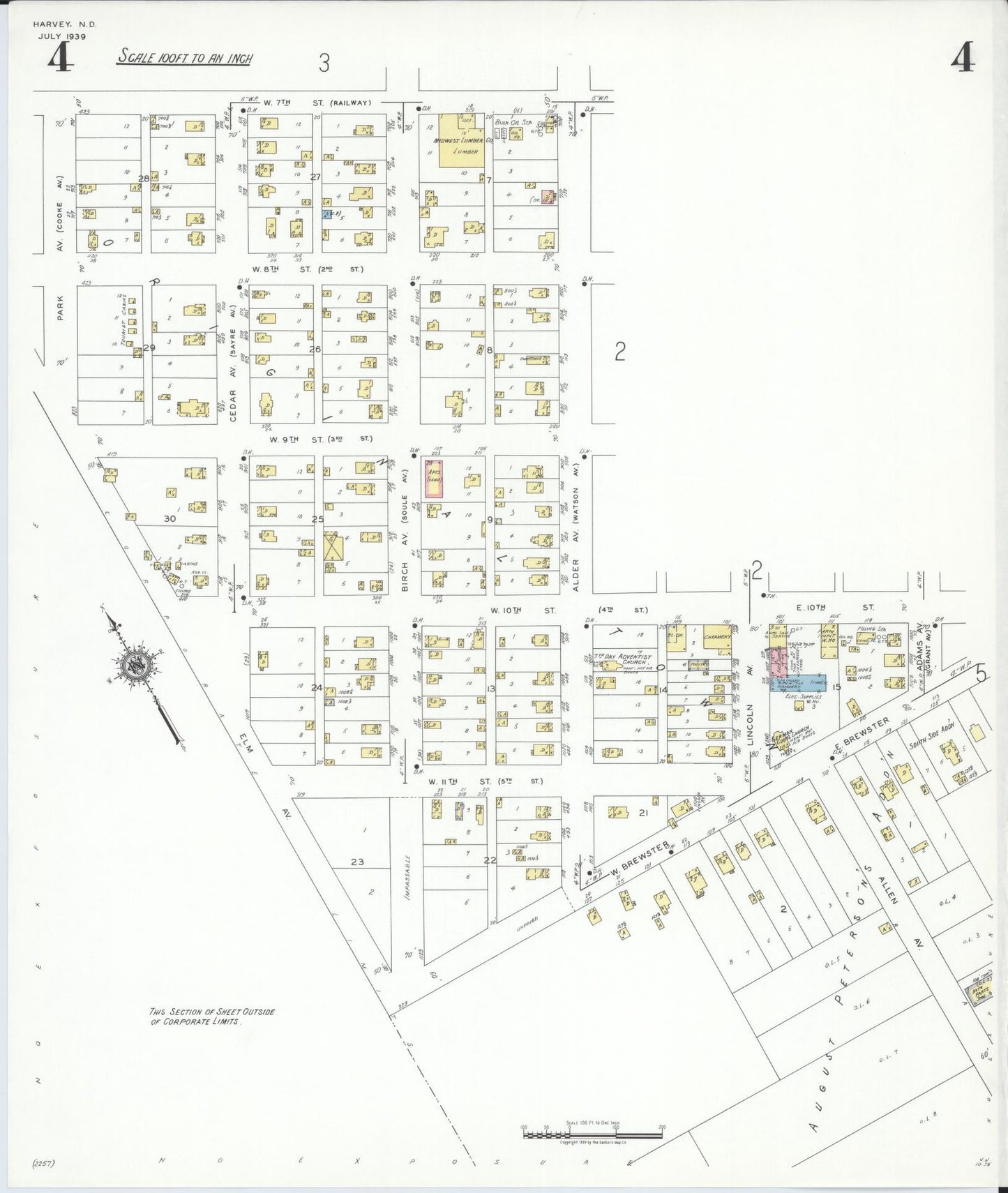 Sanborn Fire Insurance Map from Harvey, Wells County, North Dakota (1939), Sheet #0004 - Historic Sanborn Fire Insurance Map Print, vintage old map wall art, antique decor, genealogy gift, North Dakota North Dakota map