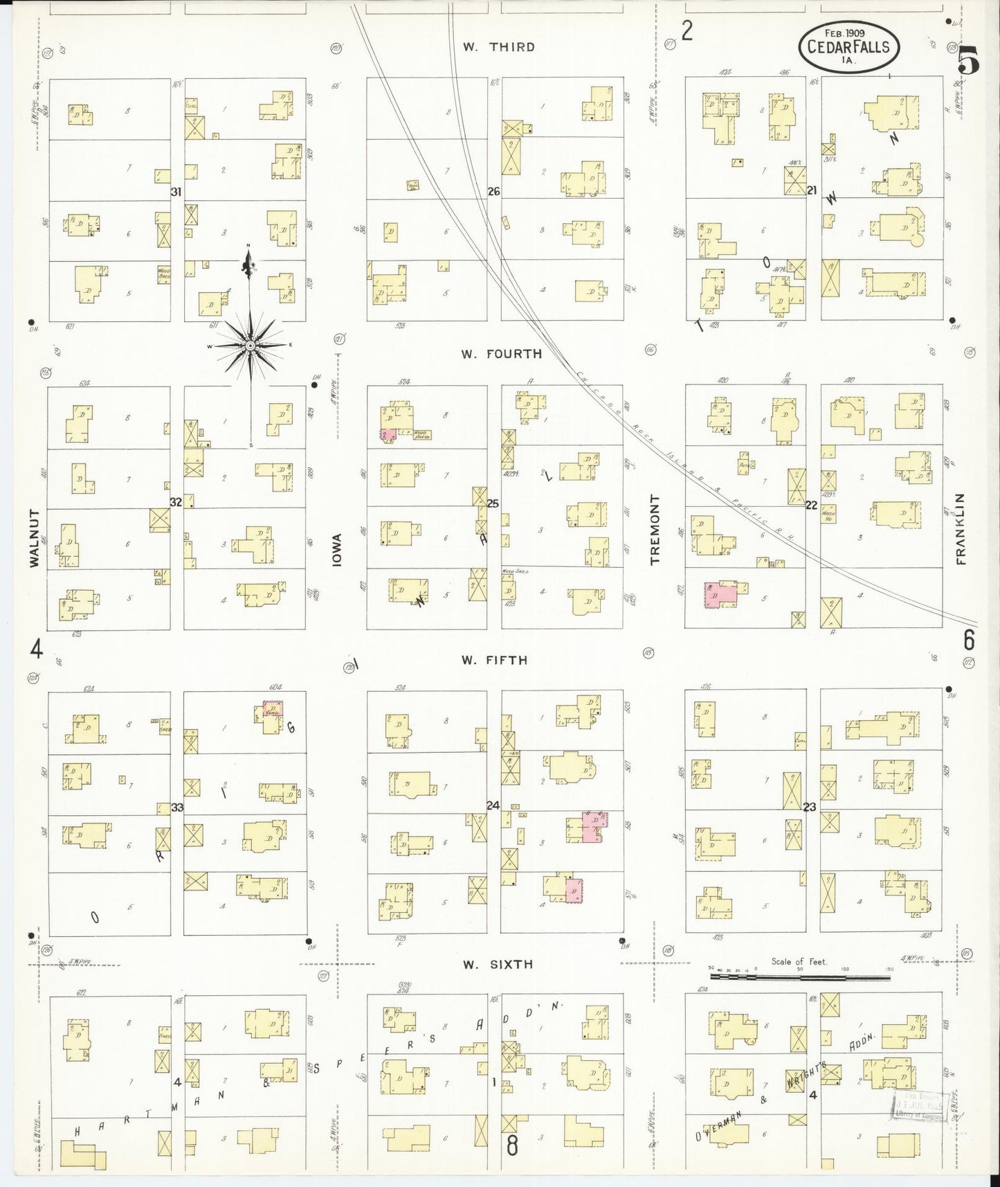 Sanborn Fire Insurance Map from Cedar Falls, Black Hawk County, Iowa (1909), Sheet #0005 - Historic Sanborn Fire Insurance Map Print, vintage old map wall art