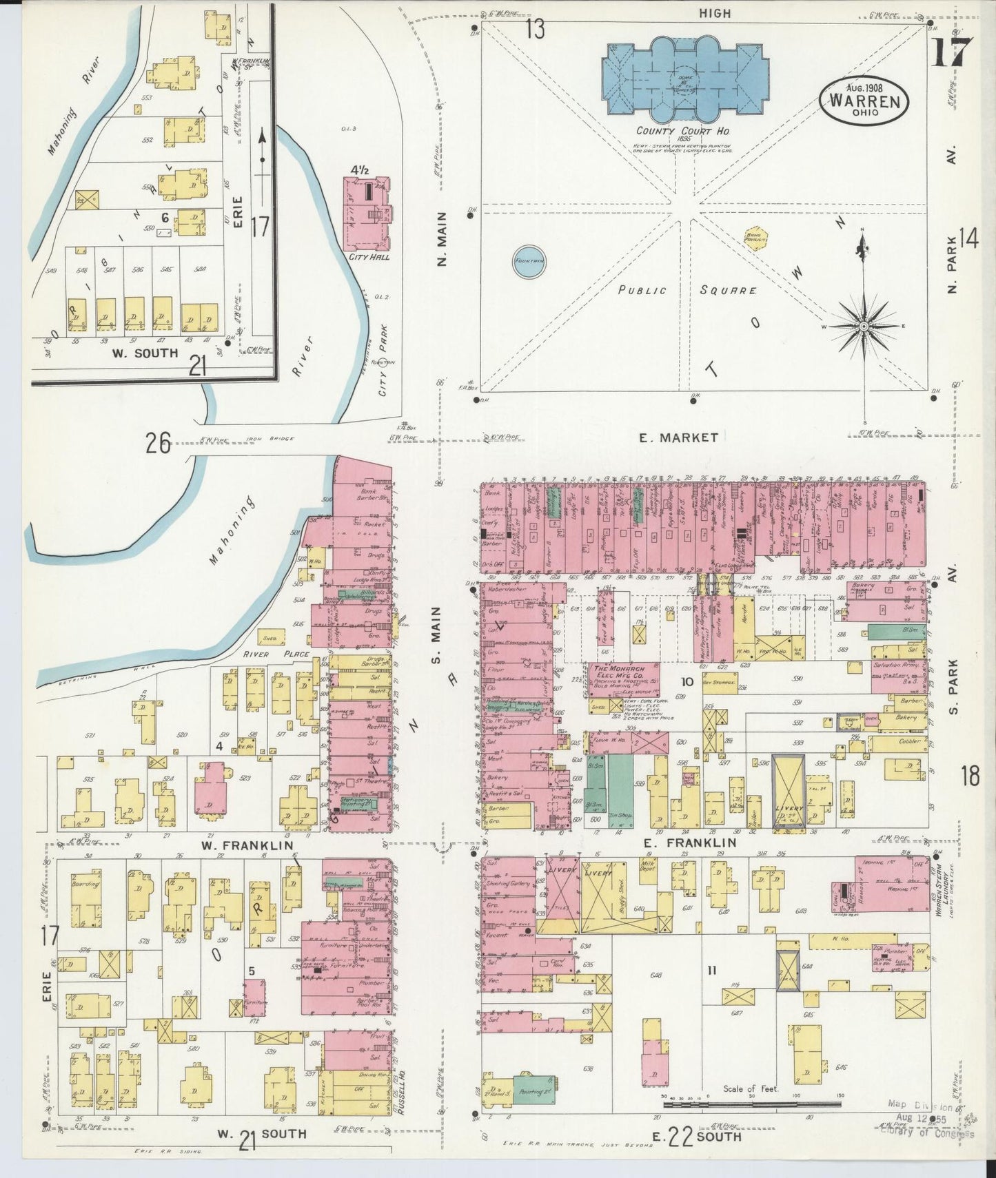 Sanborn Fire Insurance Map from Warren, Trumbull County, Ohio (1908), Sheet #0017 - Historic Sanborn Fire Insurance Map Print, vintage old map wall art, antique decor, genealogy gift, Ohio Ohio map