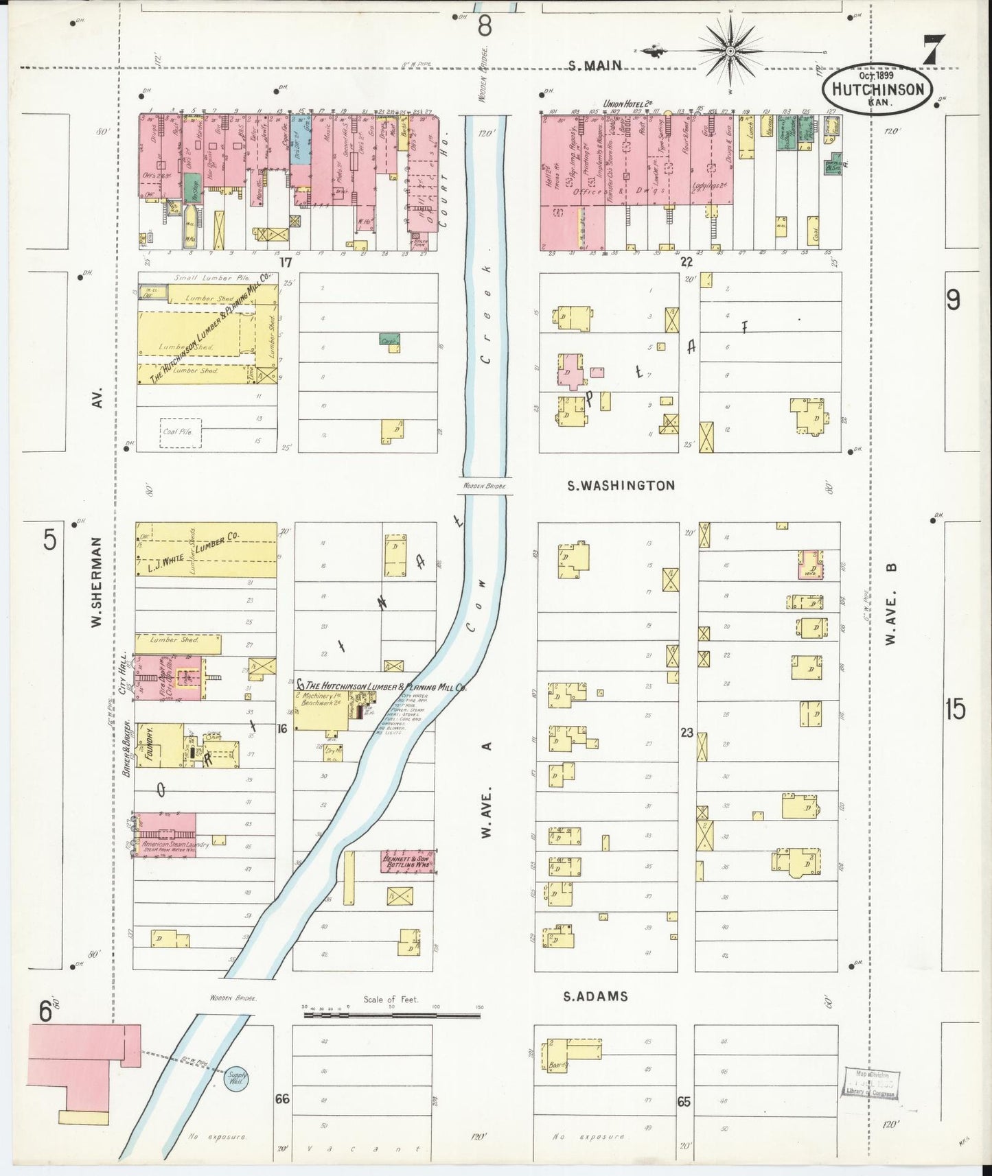 Sanborn Fire Insurance Map from Hutchinson, Reno County, Kansas (1899), Sheet #0007 - Historic Sanborn Fire Insurance Map Print, vintage old map wall art, antique decor, genealogy gift, Kansas Kansas map