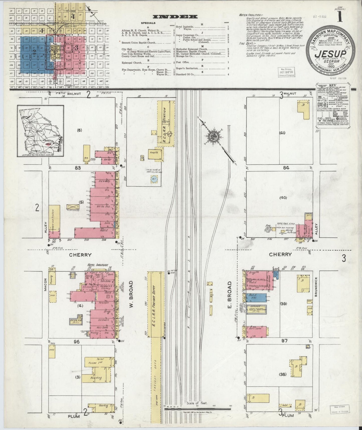 Sanborn Fire Insurance Map from Jesup, Wayne County, Georgia (1920), Sheet #0001 - Historic Sanborn Fire Insurance Map Print, vintage old map wall art, antique decor, genealogy gift, Georgia Georgia map