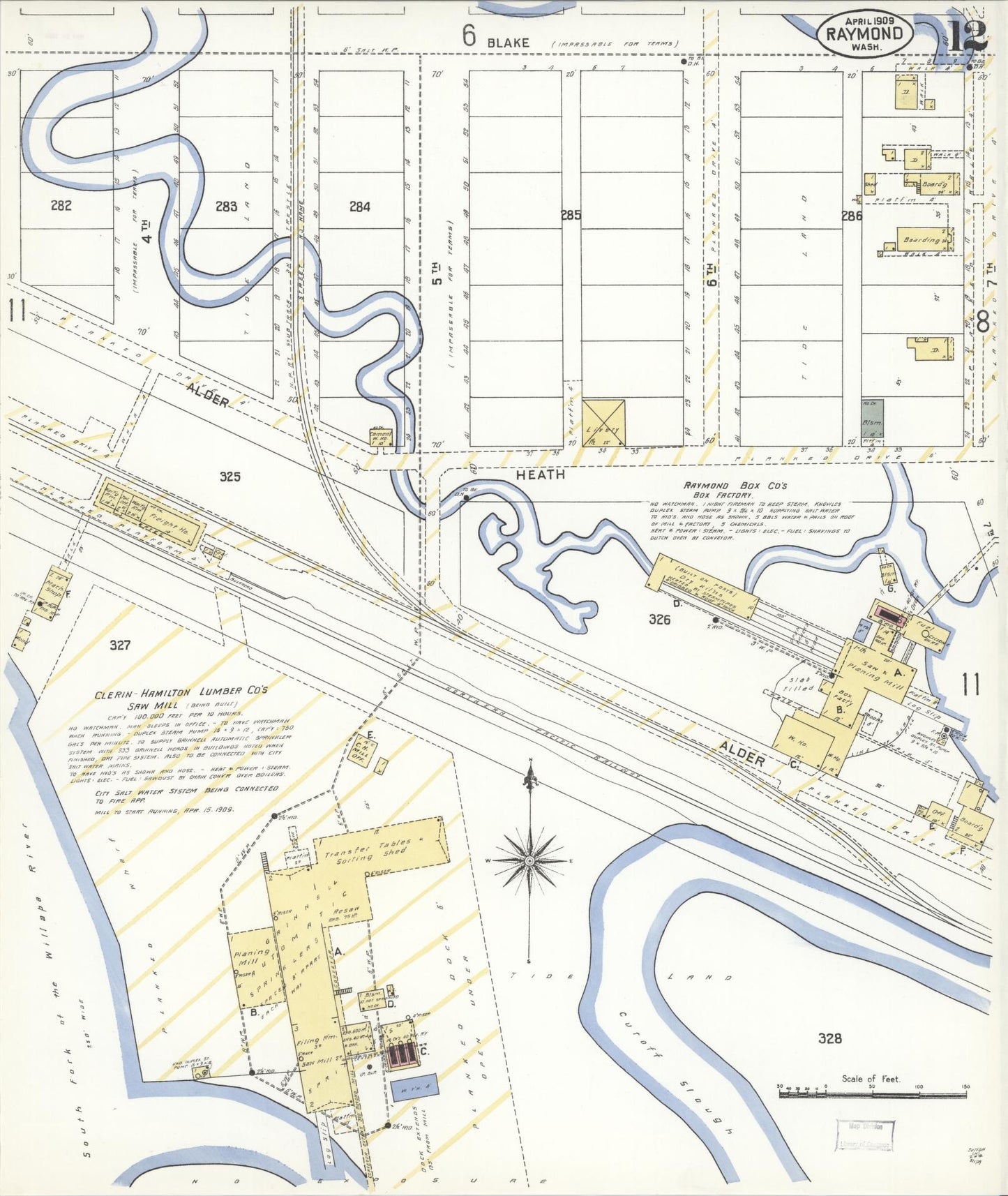 Sanborn Fire Insurance Map from Raymond, Pacific County, Washington (1909), Sheet #0012 - Historic Sanborn Fire Insurance Map Print, vintage old map wall art, antique decor, genealogy gift, Washington Washington map