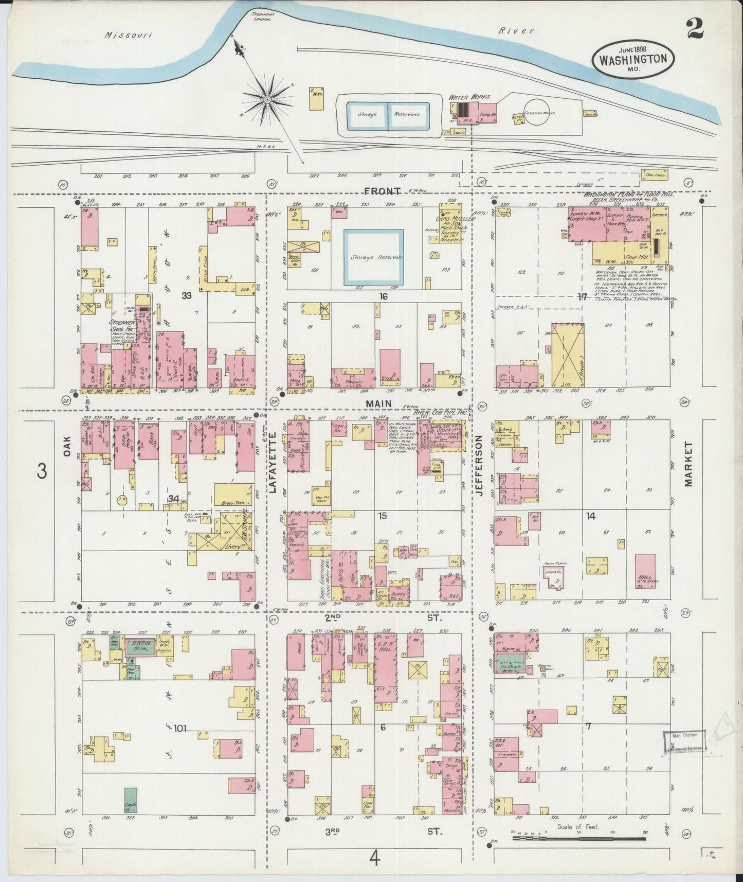 Sanborn Fire Insurance Map from Washington, Franklin County, Missouri (1898), Sheet #0002 - Historic Sanborn Fire Insurance Map Print, vintage old map wall art, antique decor, genealogy gift, Washington Washington map