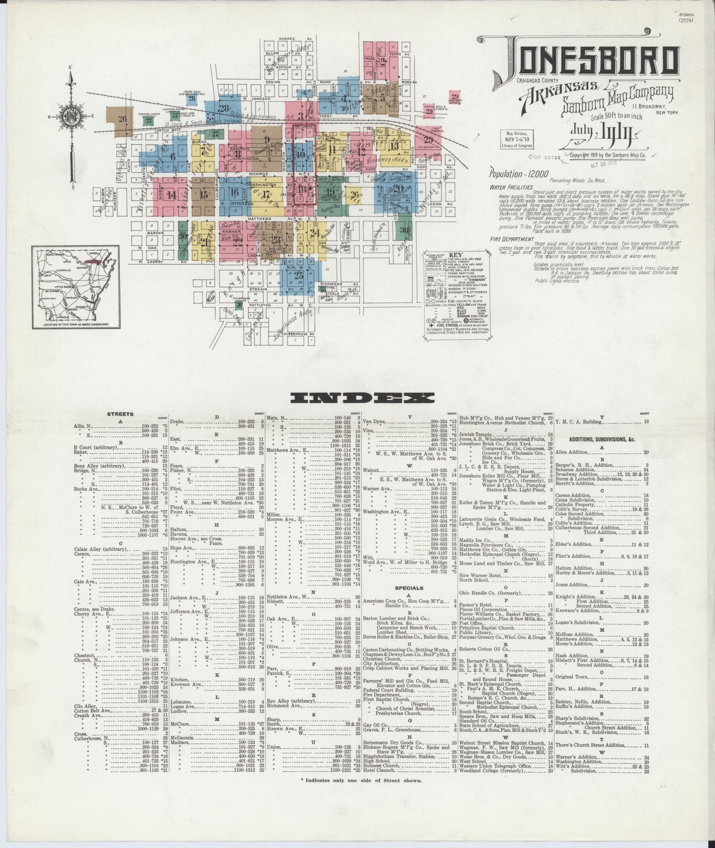 Sanborn Fire Insurance Map from Jonesboro, Craighead County, Arkansas (1919), Sheet #0001 - Historic Sanborn Fire Insurance Map Print, vintage old map wall art, antique decor, genealogy gift, Arkansas Arkansas map