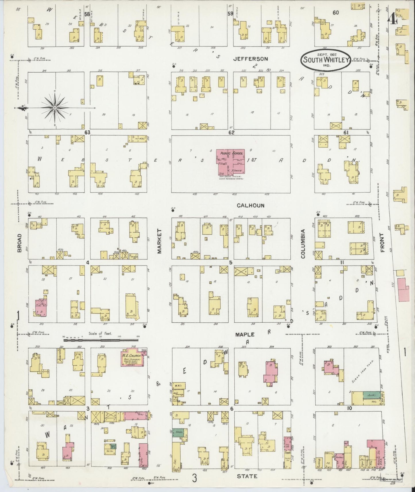 Sanborn Fire Insurance Map from South Whitley, Whitley County, Indiana (1907), Sheet #0004 - Complete Map Set gallery image, historic Sanborn map, vintage wall art, Indiana Indiana