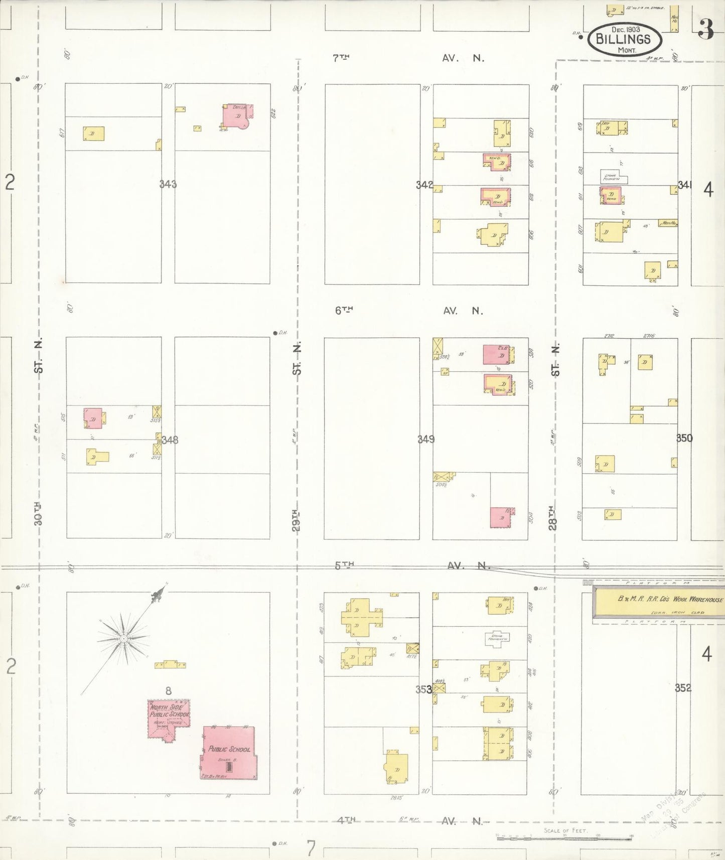 Sanborn Fire Insurance Map from Billings, Yellowstone County, Montana (1903), Sheet #0003 - Historic Sanborn Fire Insurance Map Print, vintage old map wall art, antique decor, genealogy gift, Montana Montana map
