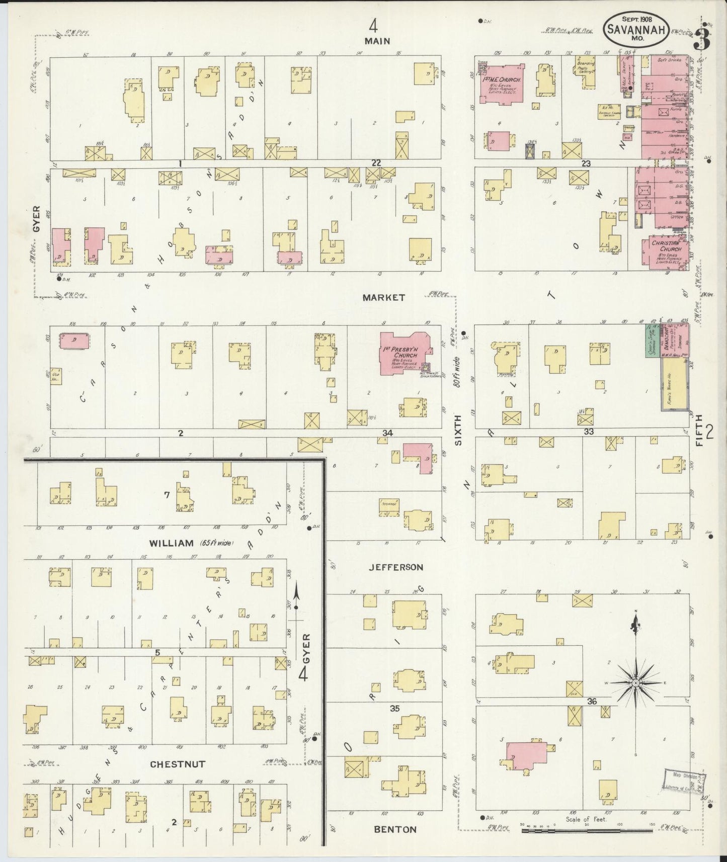 Sanborn Fire Insurance Map from Savannah, Andrew County, Missouri (1908), Sheet #0003 - Historic Sanborn Fire Insurance Map Print, vintage old map wall art, antique decor, genealogy gift, Missouri Missouri map