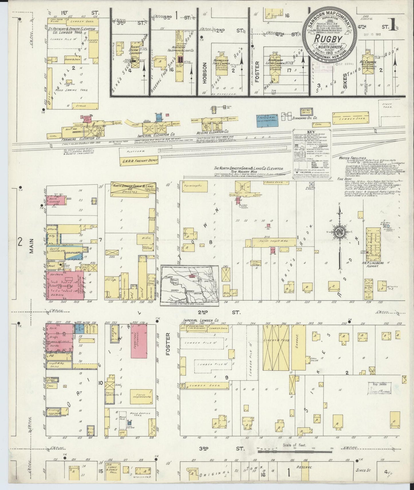 Sanborn Fire Insurance Map from Rugby, Pierce County, North Dakota (1913), Sheet #0001 - Historic Sanborn Fire Insurance Map Print, vintage old map wall art, antique decor, genealogy gift, North Dakota North Dakota map