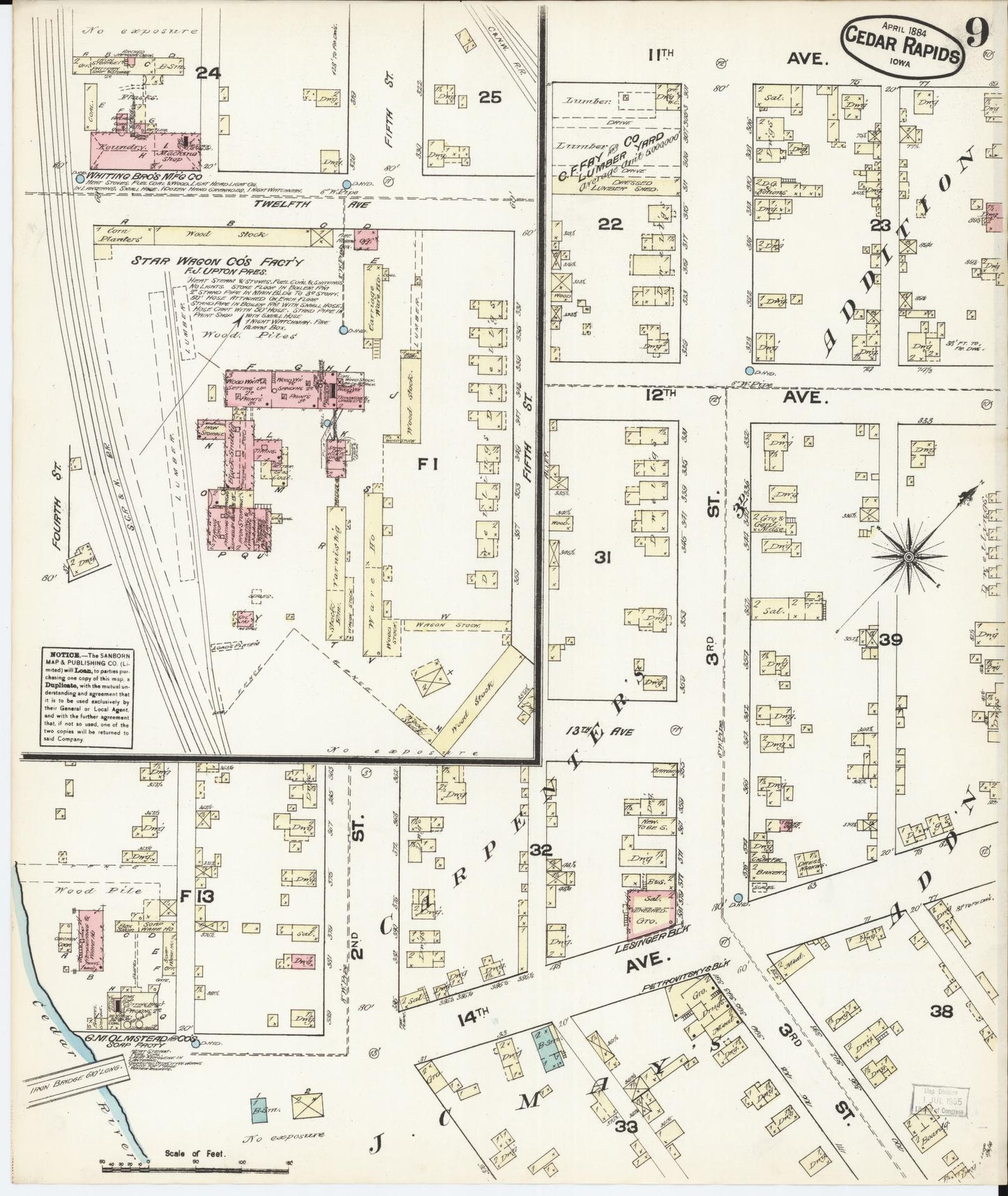 Sanborn Fire Insurance Map from Cedar Rapids, Linn County, Iowa (1884), Sheet #0009 - Historic Sanborn Fire Insurance Map Print, vintage old map wall art