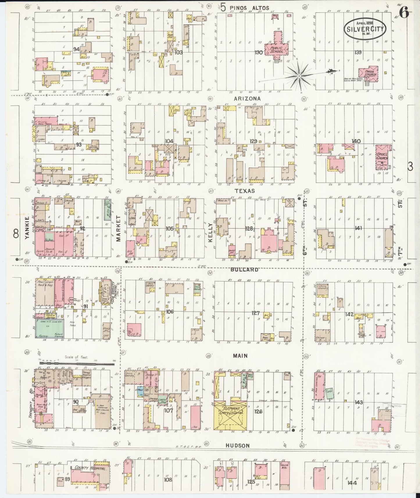 Sanborn Fire Insurance Map from Silver City, Grant County, New Mexico (1898), Sheet #0006 - Historic Sanborn Fire Insurance Map Print, vintage old map wall art, antique decor, genealogy gift, New Mexico New Mexico map