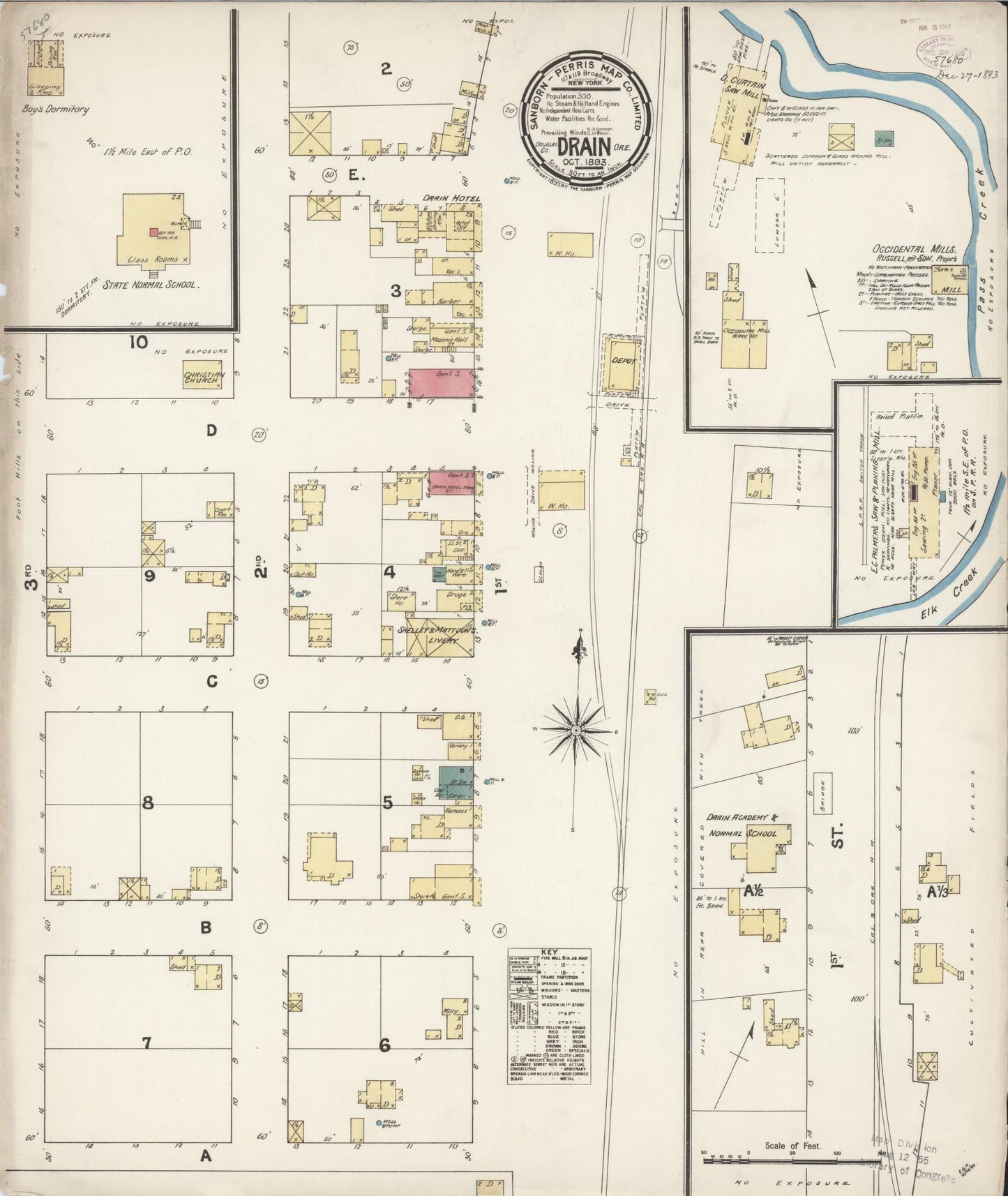 Sanborn Fire Insurance Map from Drain, Douglas County, Oregon (1893), Sheet #0001 - Historic Sanborn Fire Insurance Map Print, vintage old map wall art, antique decor, genealogy gift, Oregon Oregon map