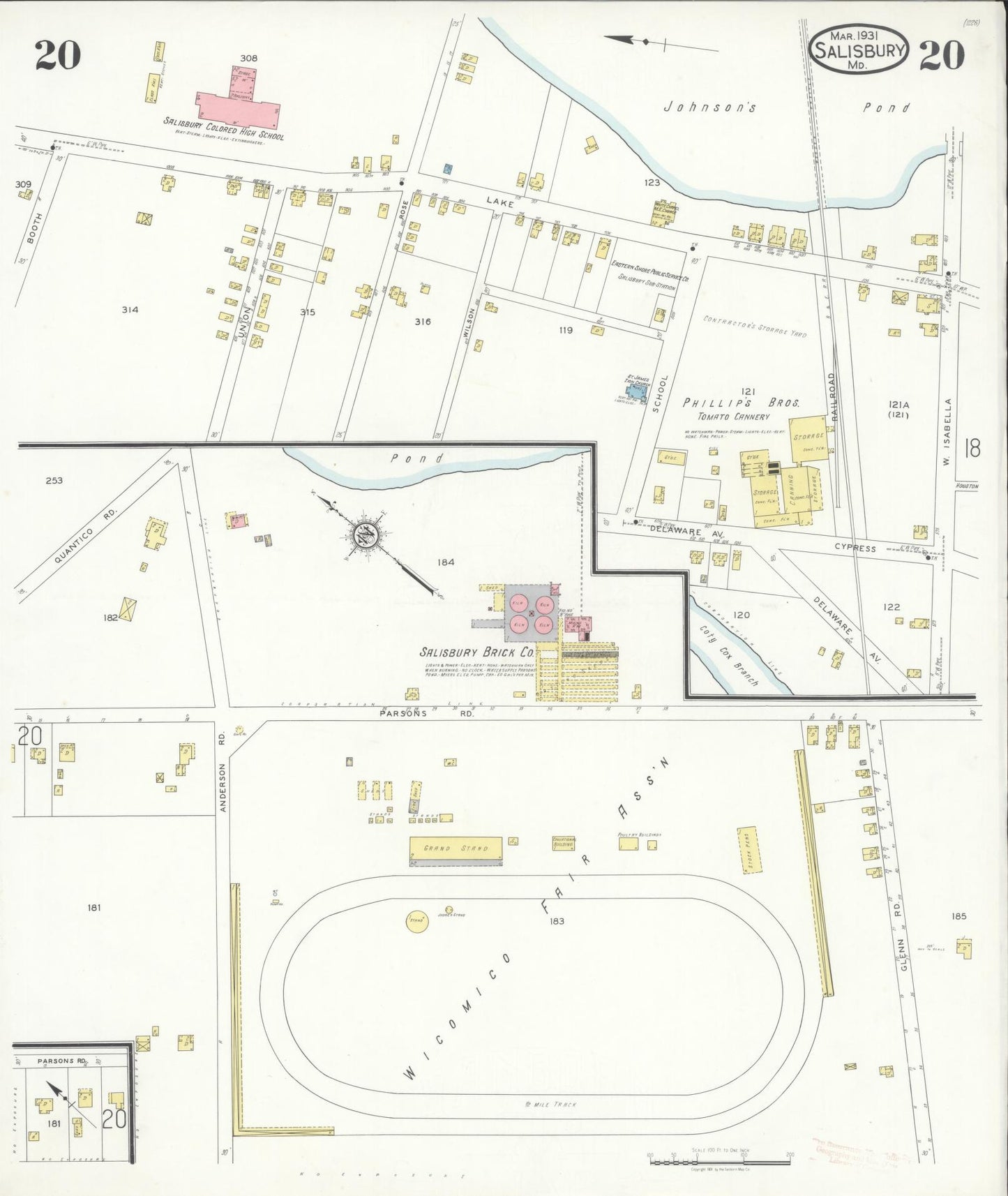 Sanborn Fire Insurance Map from Salisbury, Wicomico County, Maryland (1931), Sheet #0020 - Historic Sanborn Fire Insurance Map Print, vintage old map wall art