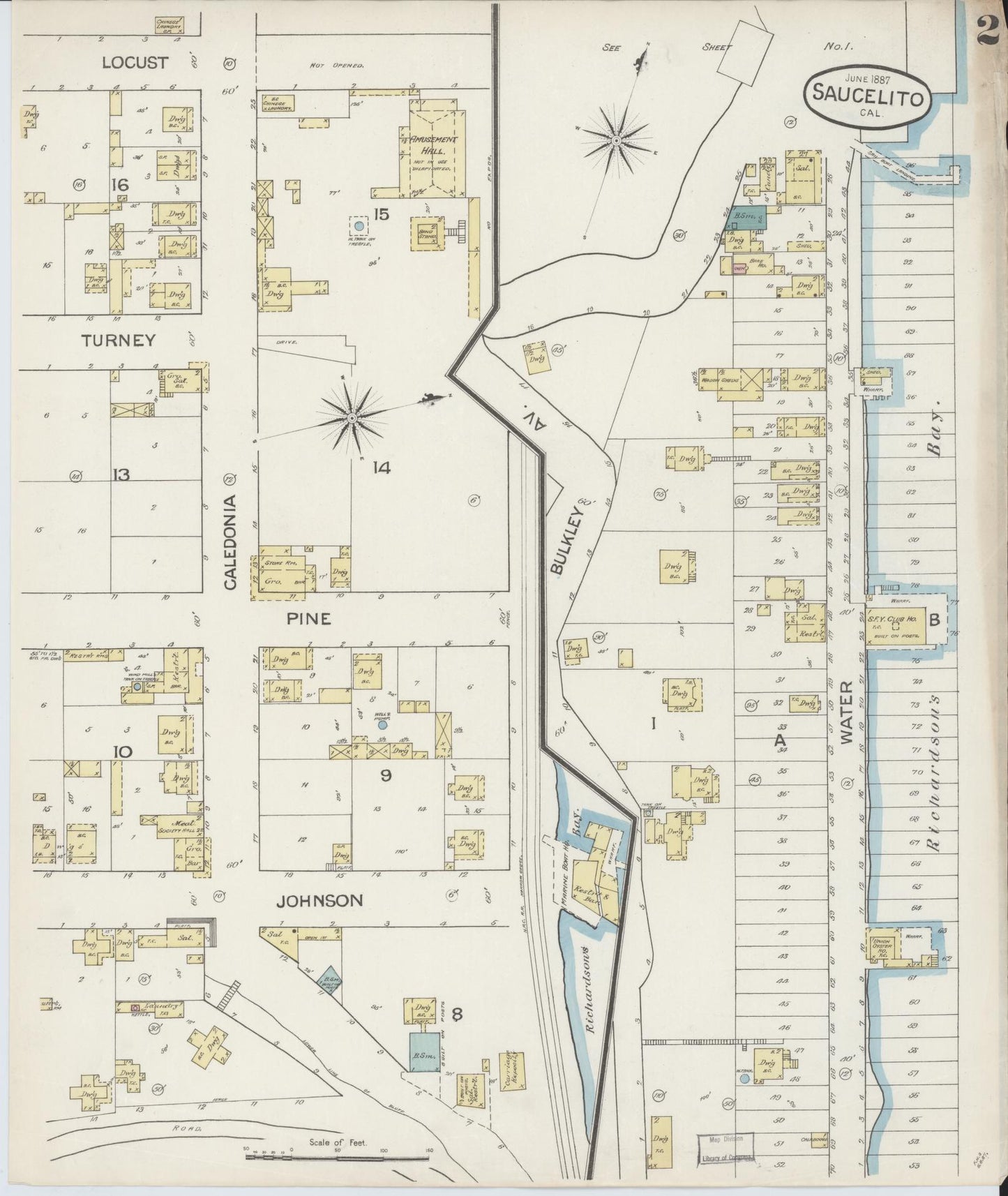 Sanborn Fire Insurance Map from Sausalito, Marin County, California (1887), Sheet #0002 - Complete Map Set gallery image, historic Sanborn map, vintage wall art, California California