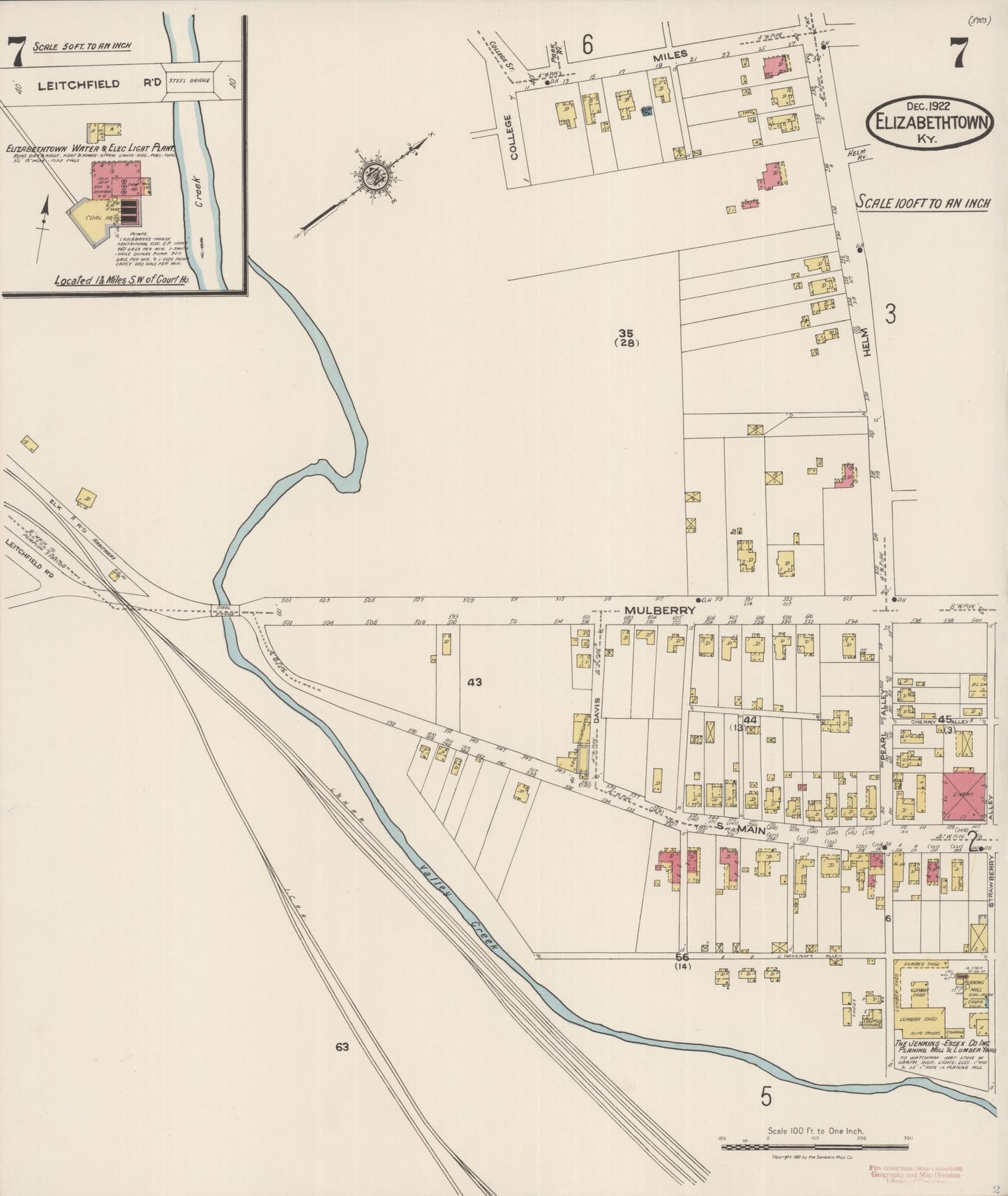Sanborn Fire Insurance Map from Elizabethtown, Hardin County, Kentucky (1922), Sheet #0007 - Historic Sanborn Fire Insurance Map Print, vintage old map wall art, antique decor, genealogy gift, Kentucky Kentucky map
