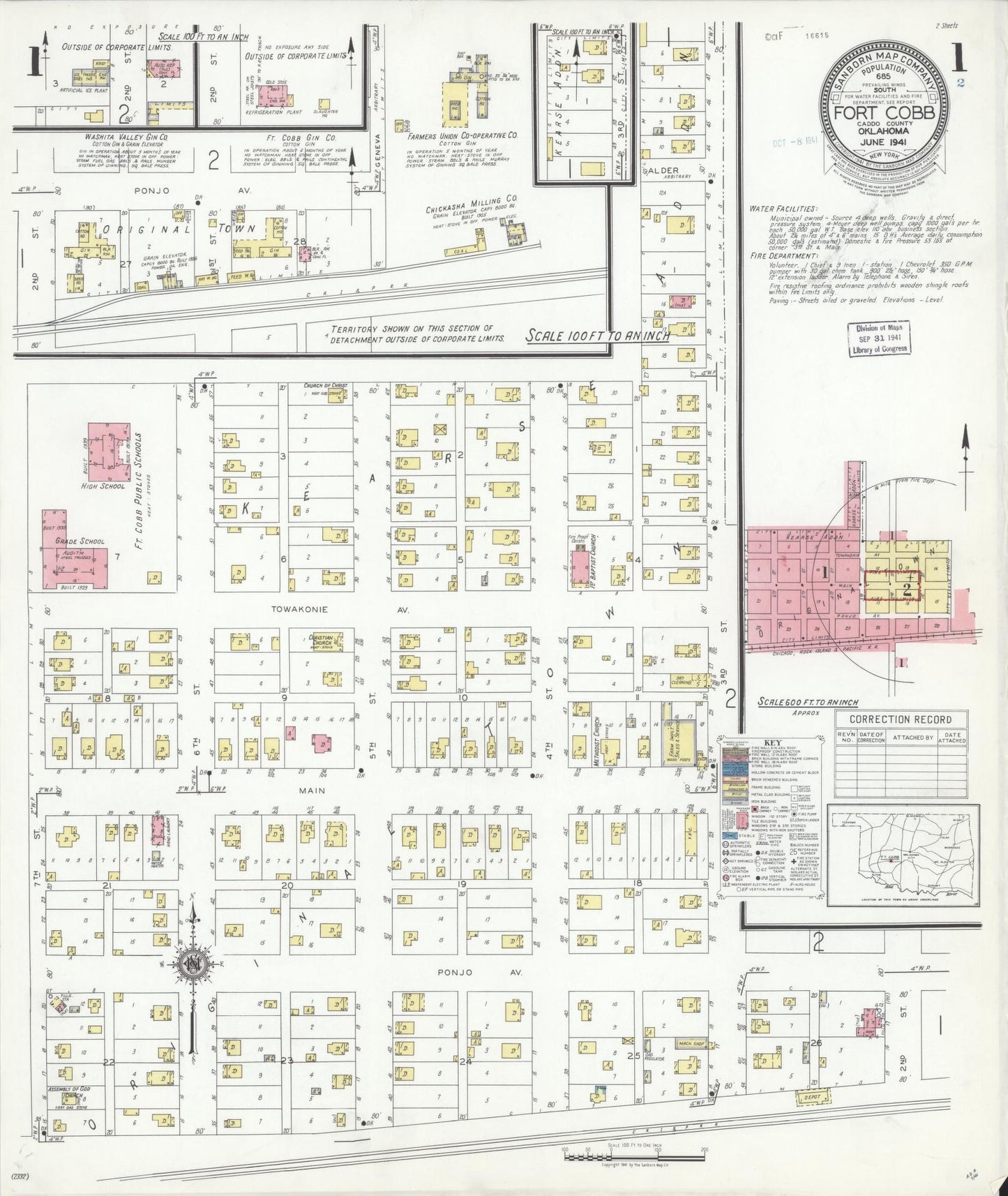 Sanborn Fire Insurance Map from Fort Cobb, Caddo County, Oklahoma (1941), Sheet #0001 - Historic Sanborn Fire Insurance Map Print, vintage old map wall art, antique decor, genealogy gift, Oklahoma Oklahoma map