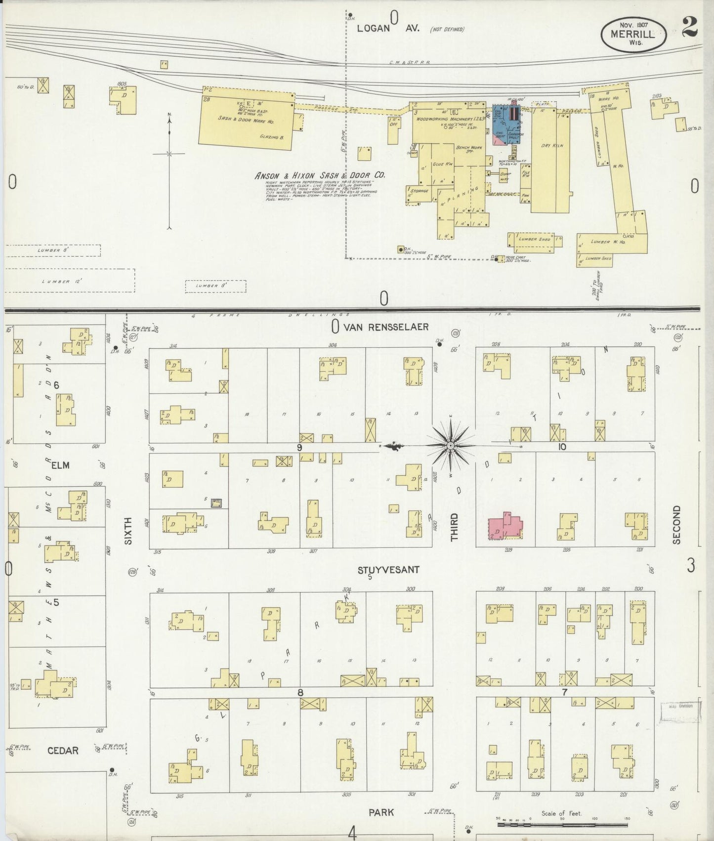 Sanborn Fire Insurance Map from Merrill, Lincoln County, Wisconsin (1907), Sheet #0002 - Historic Sanborn Fire Insurance Map Print, vintage old map wall art, antique decor, genealogy gift, Wisconsin Wisconsin map