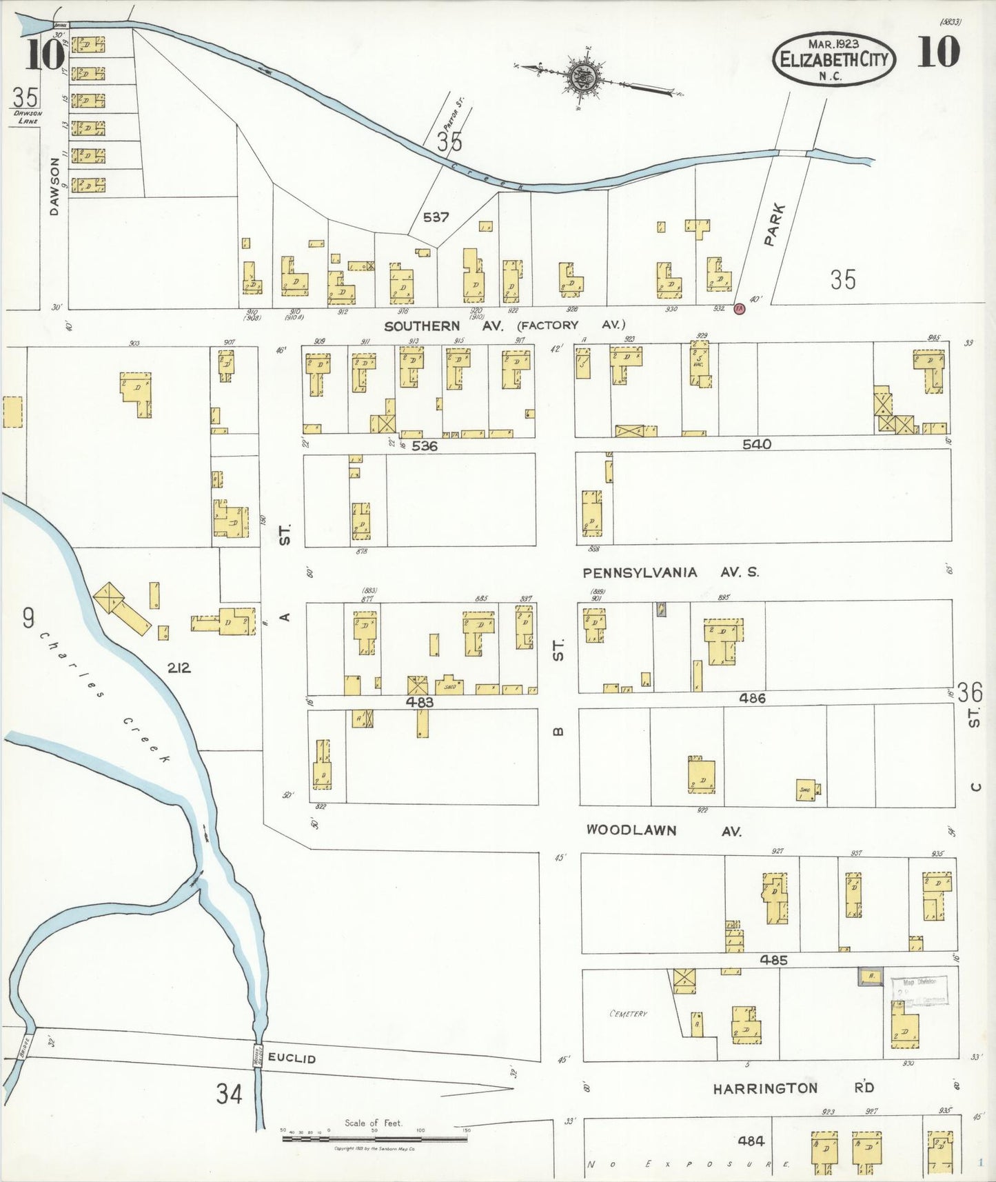 Sanborn Fire Insurance Map from Elizabeth City, Pasquotank County, North Carolina (1923), Sheet #0010 - Historic Sanborn Fire Insurance Map Print, vintage old map wall art, antique decor, genealogy gift, North Carolina North Carolina map