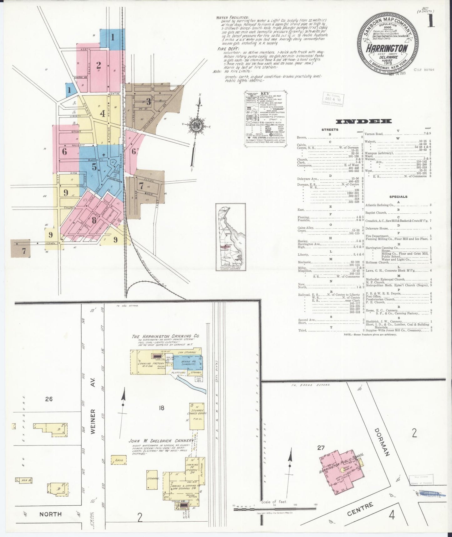 Sanborn Fire Insurance Map from Harrington, Kent County, Delaware (1919), Sheet #0001 - Historic Sanborn Fire Insurance Map Print, vintage old map wall art, antique decor, genealogy gift, Delaware Delaware map