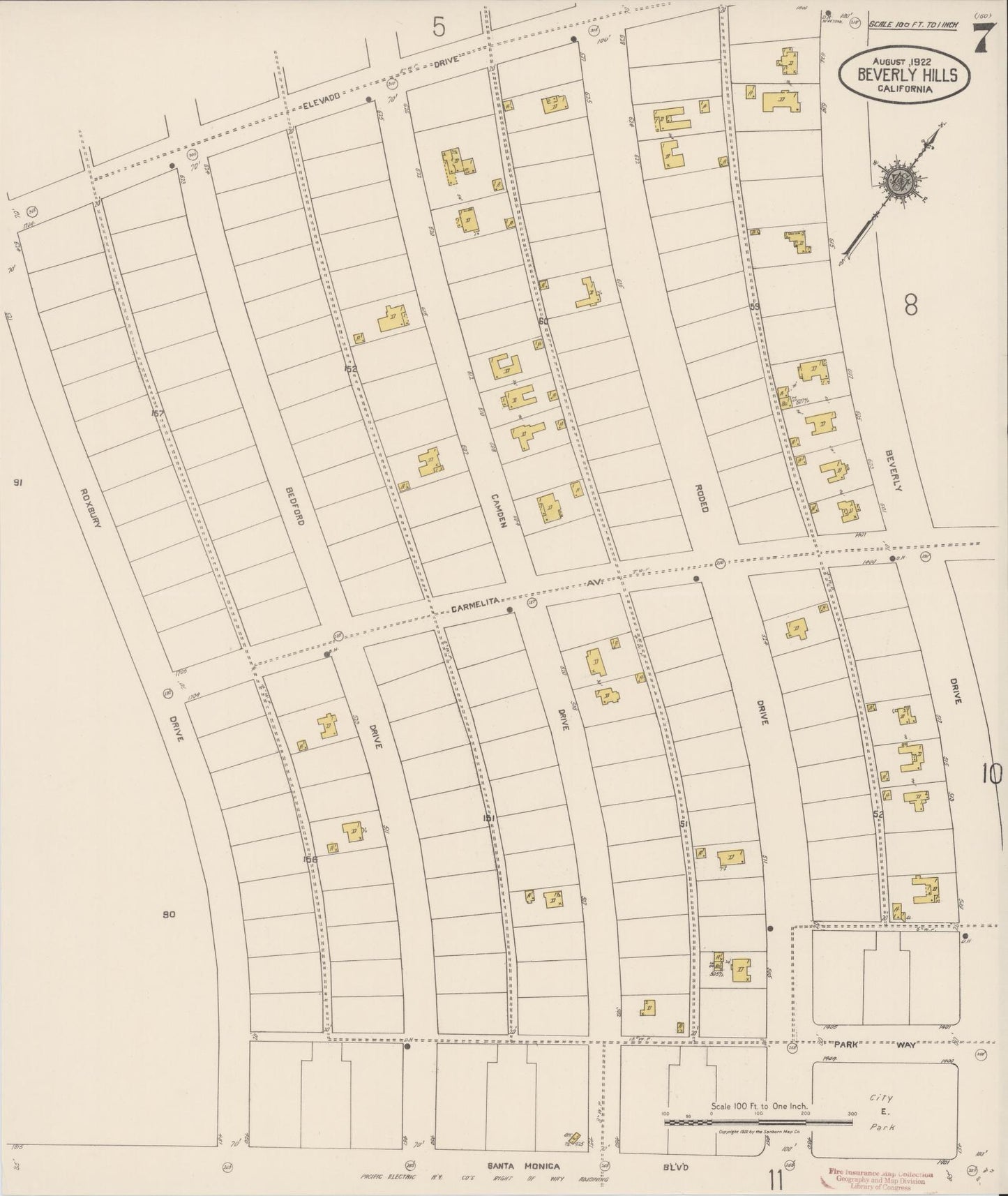 Sanborn Fire Insurance Map from Beverly Hills, Los Angeles County, California (1922), Sheet #0007 - Historic Sanborn Fire Insurance Map Print, vintage old map wall art, antique decor, genealogy gift, California California map