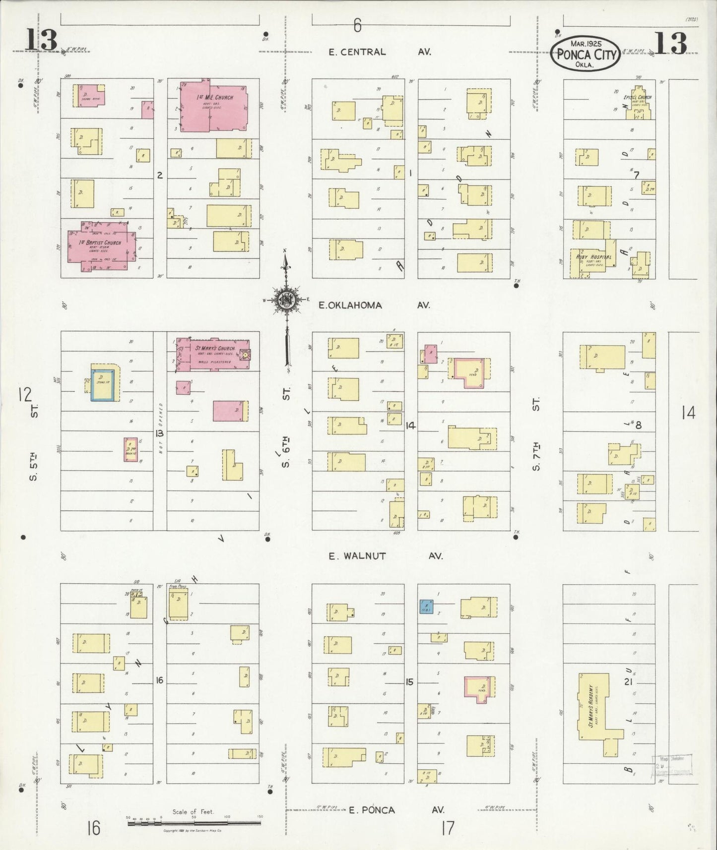 Sanborn Fire Insurance Map from Ponca City, Kay County, Oklahoma (1925), Sheet #0013 - Historic Sanborn Fire Insurance Map Print, vintage old map wall art, antique decor, genealogy gift, Oklahoma Oklahoma map