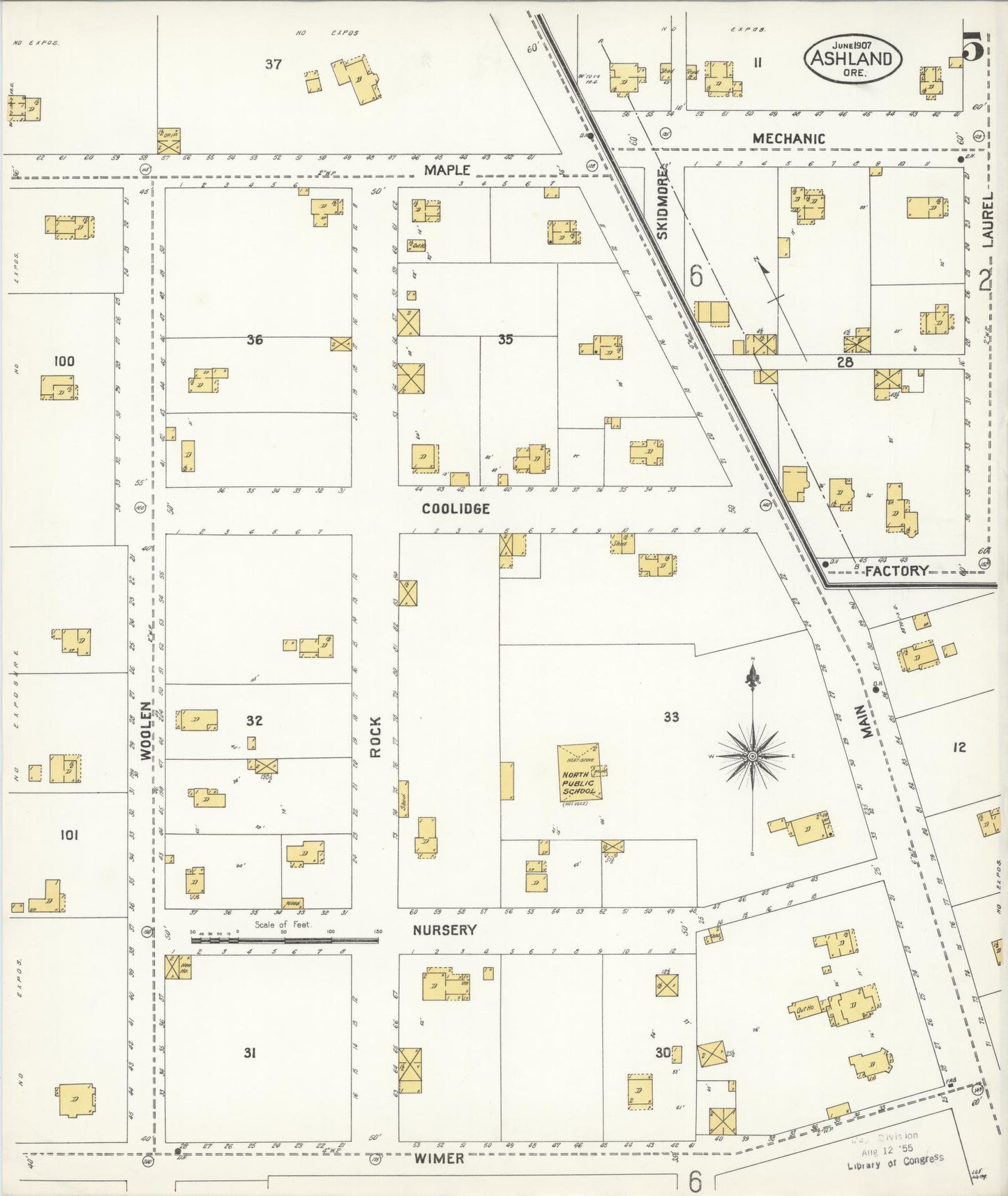 Sanborn Fire Insurance Map from Ashland, Jackson County, Oregon (1907), Sheet #0005 - Historic Sanborn Fire Insurance Map Print, vintage old map wall art, antique decor, genealogy gift, Oregon Oregon map
