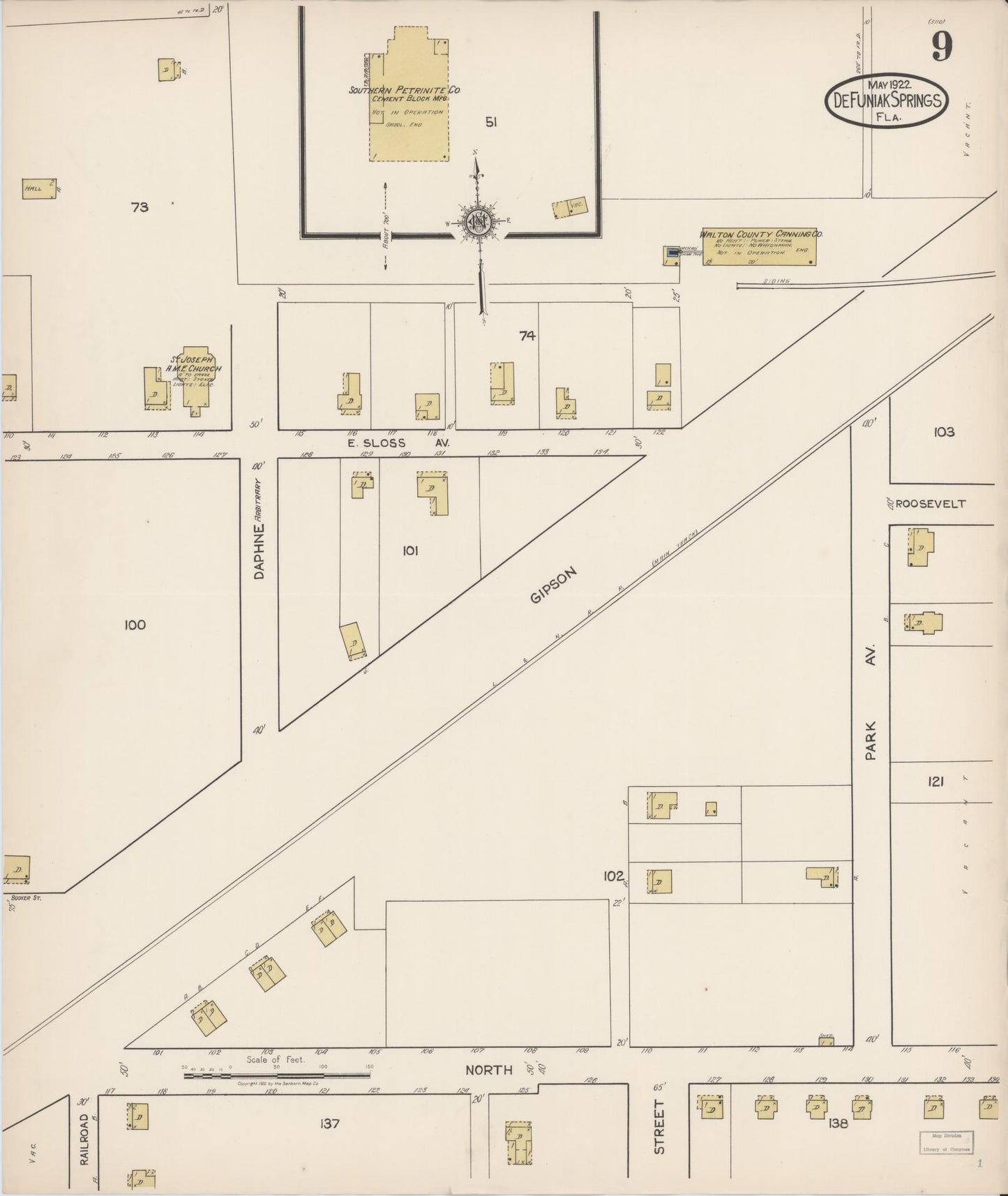 Sanborn Fire Insurance Map from De Funiak Springs, Walton County, Florida (1922), Sheet #0009 - Historic Sanborn Fire Insurance Map Print, vintage old map wall art, antique decor, genealogy gift, Florida Florida map