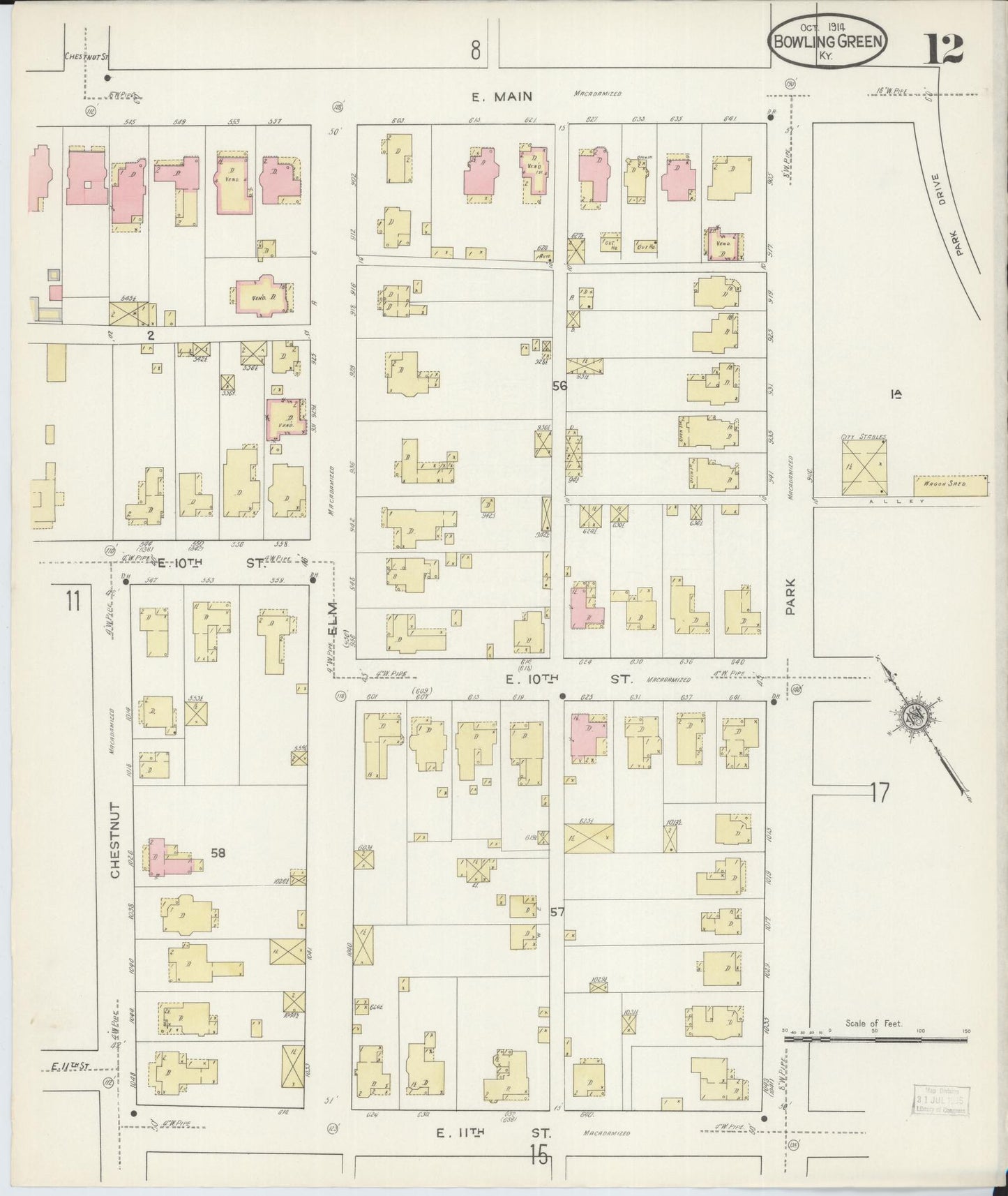 Sanborn Fire Insurance Map from Bowling Green, Warren County, Kentucky (1914), Sheet #0012 - Historic Sanborn Fire Insurance Map Print, vintage old map wall art, antique decor, genealogy gift, Kentucky Kentucky map