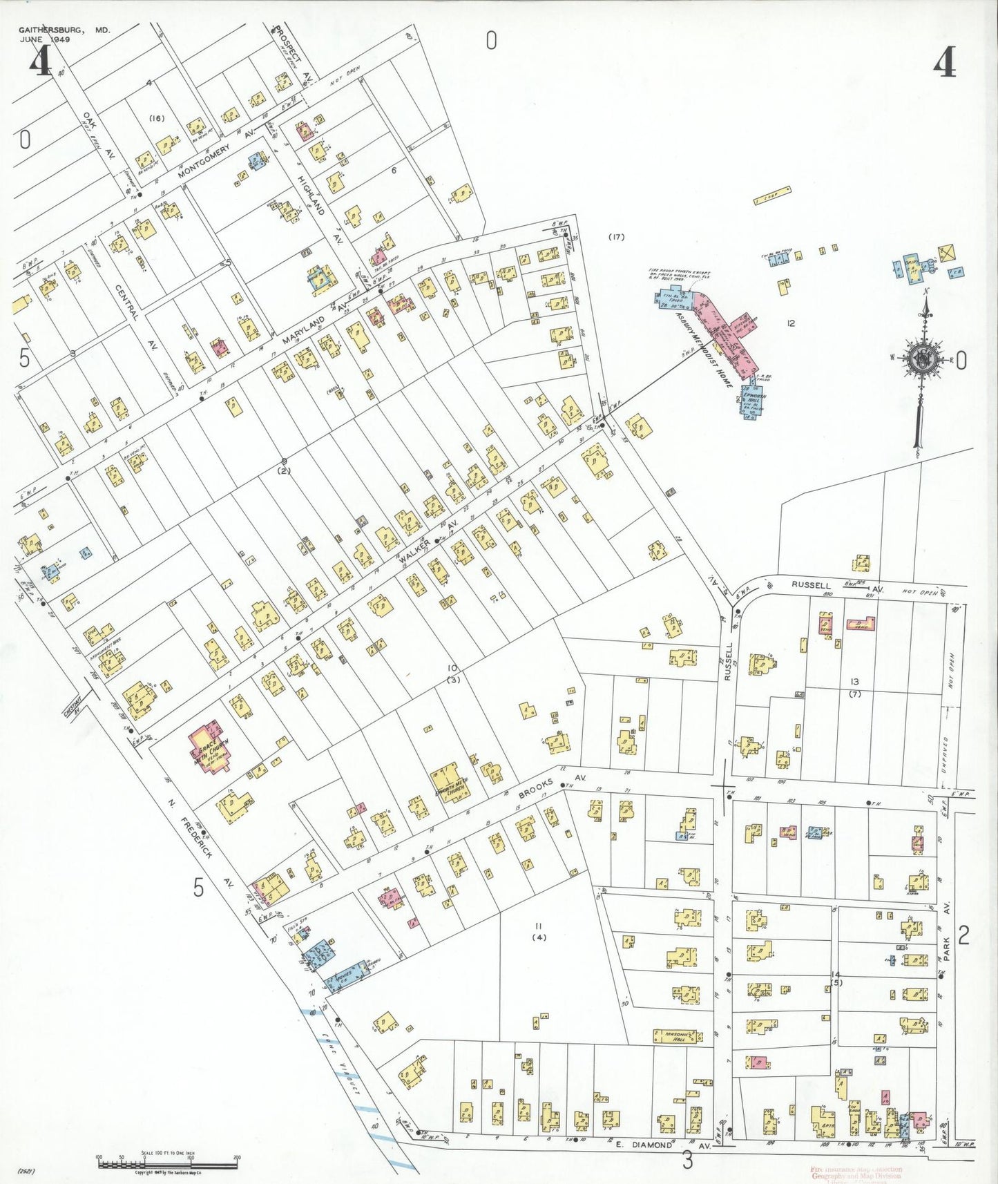 Sanborn Fire Insurance Map from Gaithersburg, Montgomery County, Maryland (1949), Sheet #0004 - Historic Sanborn Fire Insurance Map Print, vintage old map wall art