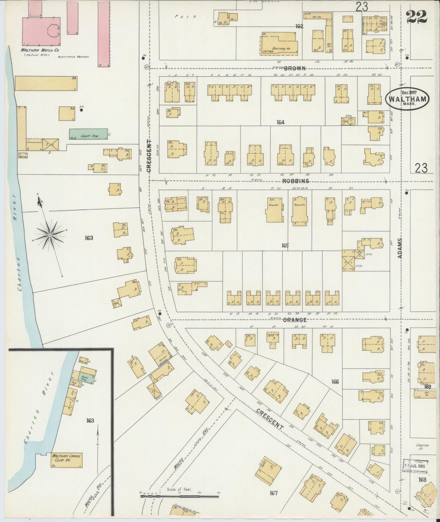 Sanborn Fire Insurance Map from Waltham, Middlesex County, Massachusetts (1897), Sheet #0022 - Historic Sanborn Fire Insurance Map Print, vintage old map wall art, antique decor, genealogy gift, Massachusetts Massachusetts map