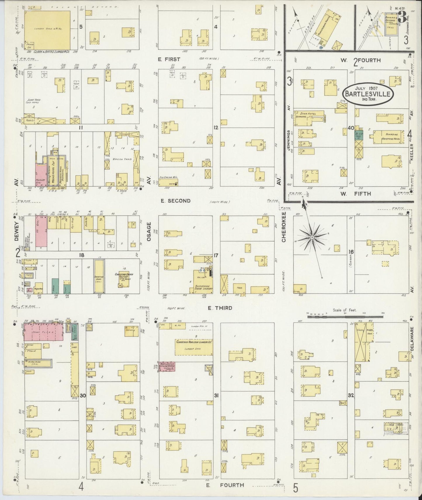 Sanborn Fire Insurance Map from Bartlesville, Washington County, Oklahoma (1907), Sheet #0003 - Historic Sanborn Fire Insurance Map Print, vintage old map wall art, antique decor, genealogy gift, Oklahoma Oklahoma map