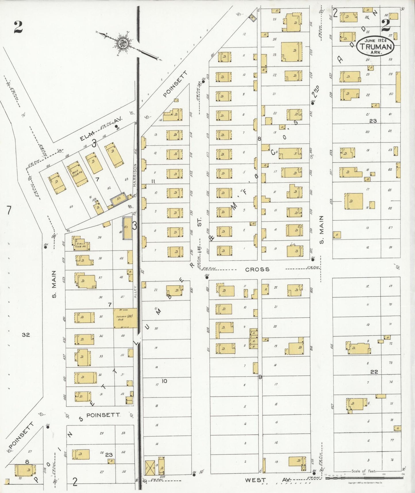 Sanborn Fire Insurance Map from Truman, Poinsett County, Arkansas (1926), Sheet #0002 - Historic Sanborn Fire Insurance Map Print, vintage old map wall art, antique decor, genealogy gift, Arkansas Arkansas map